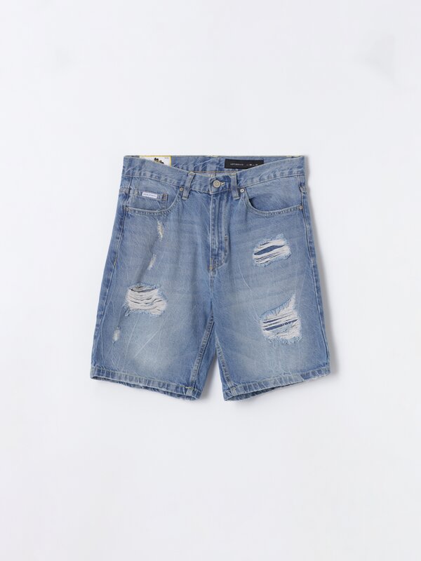 Relaxed fit denim Bermuda shorts with rips