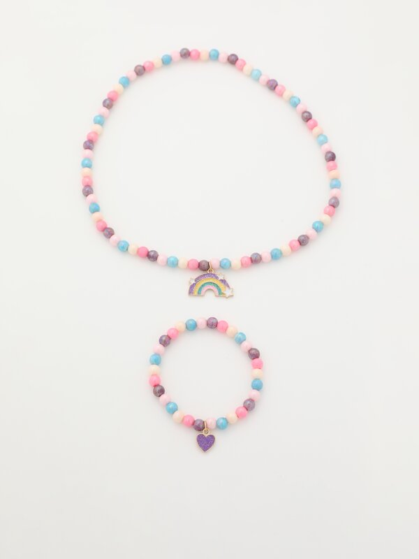 Conjunto de colar e pulseira com arco-íris