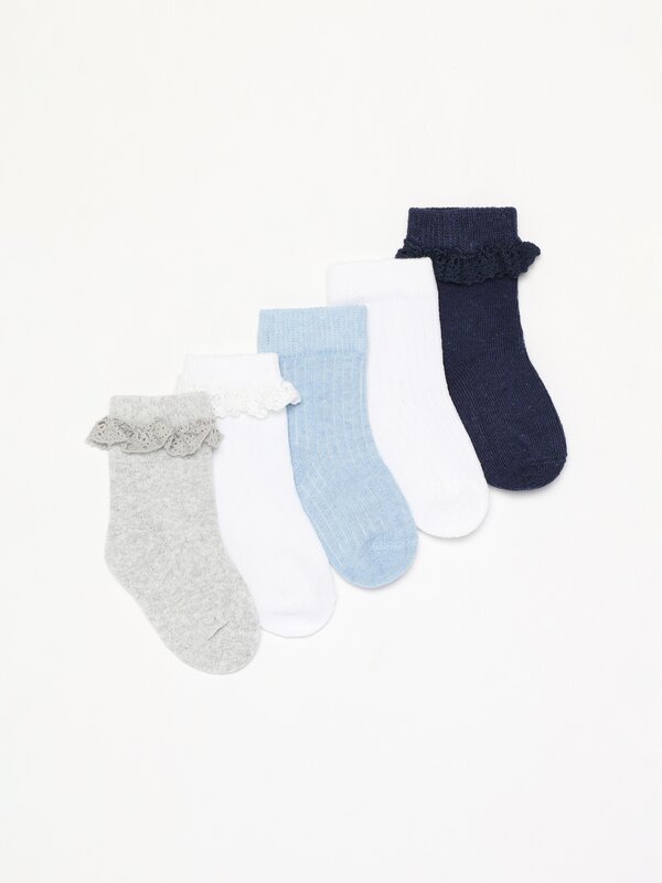 Pack of 5 pairs of long socks with lace trim.
