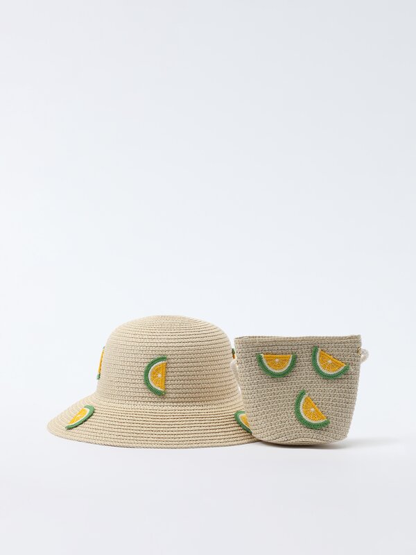 Set sombrero y bolsito de rafia limones