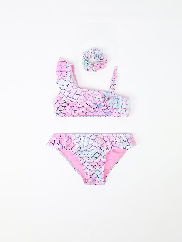 Mermaid print 2-piece bikini and scrunchie set