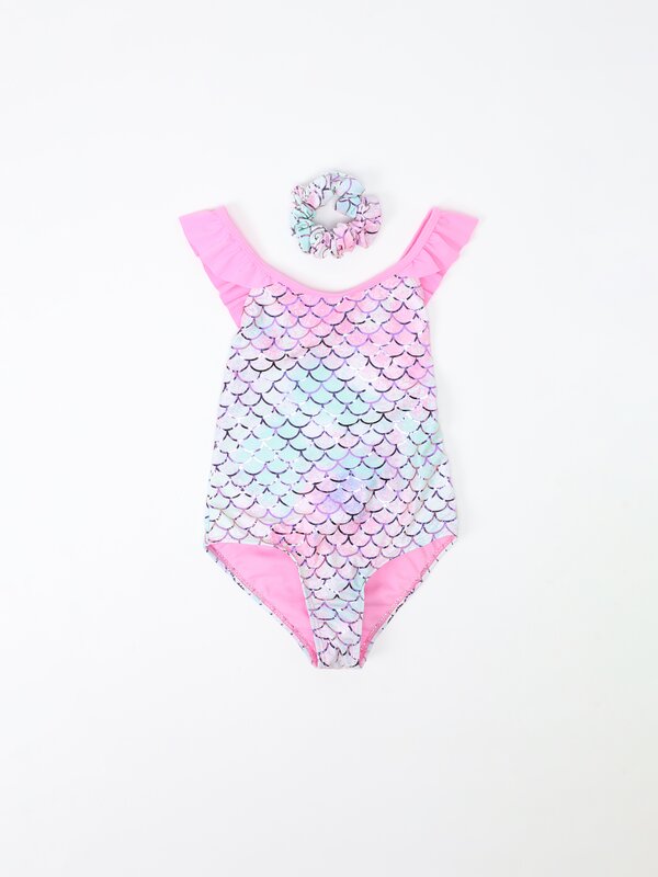 Mermaid print swimsuit and scrunchie set