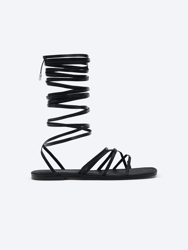 Tied lace-up flat slider sandals