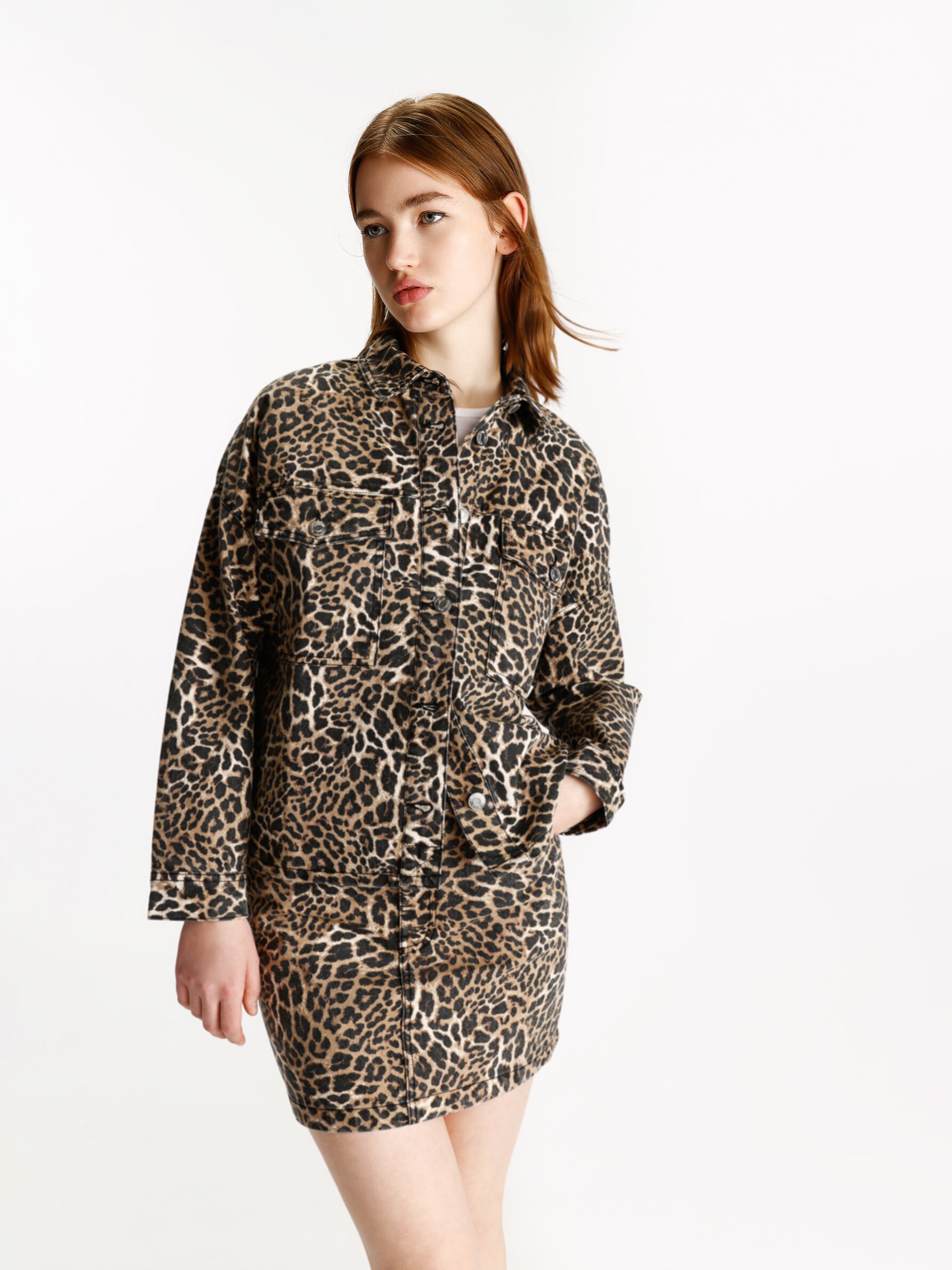 Oversized leopard on sale print denim jacket