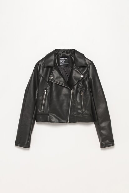 LEATHER EFFECT PUFFER JACKET - Black