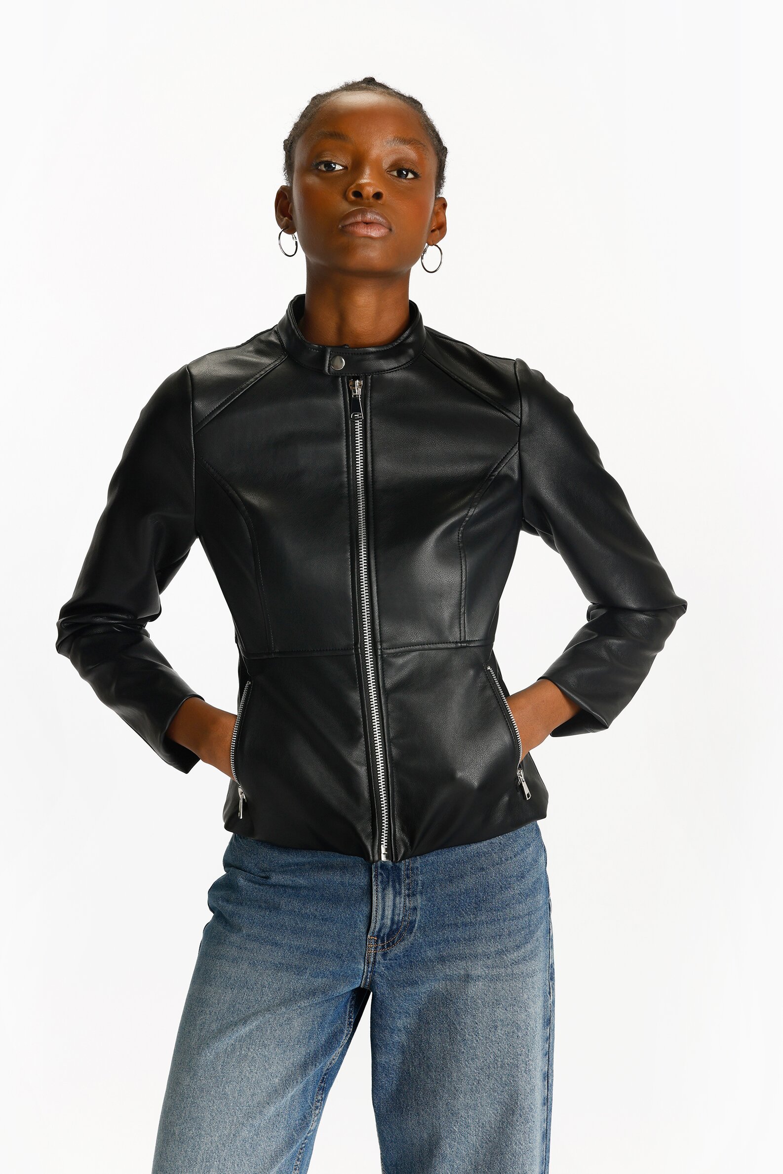 Denim leather cheap jacket womens