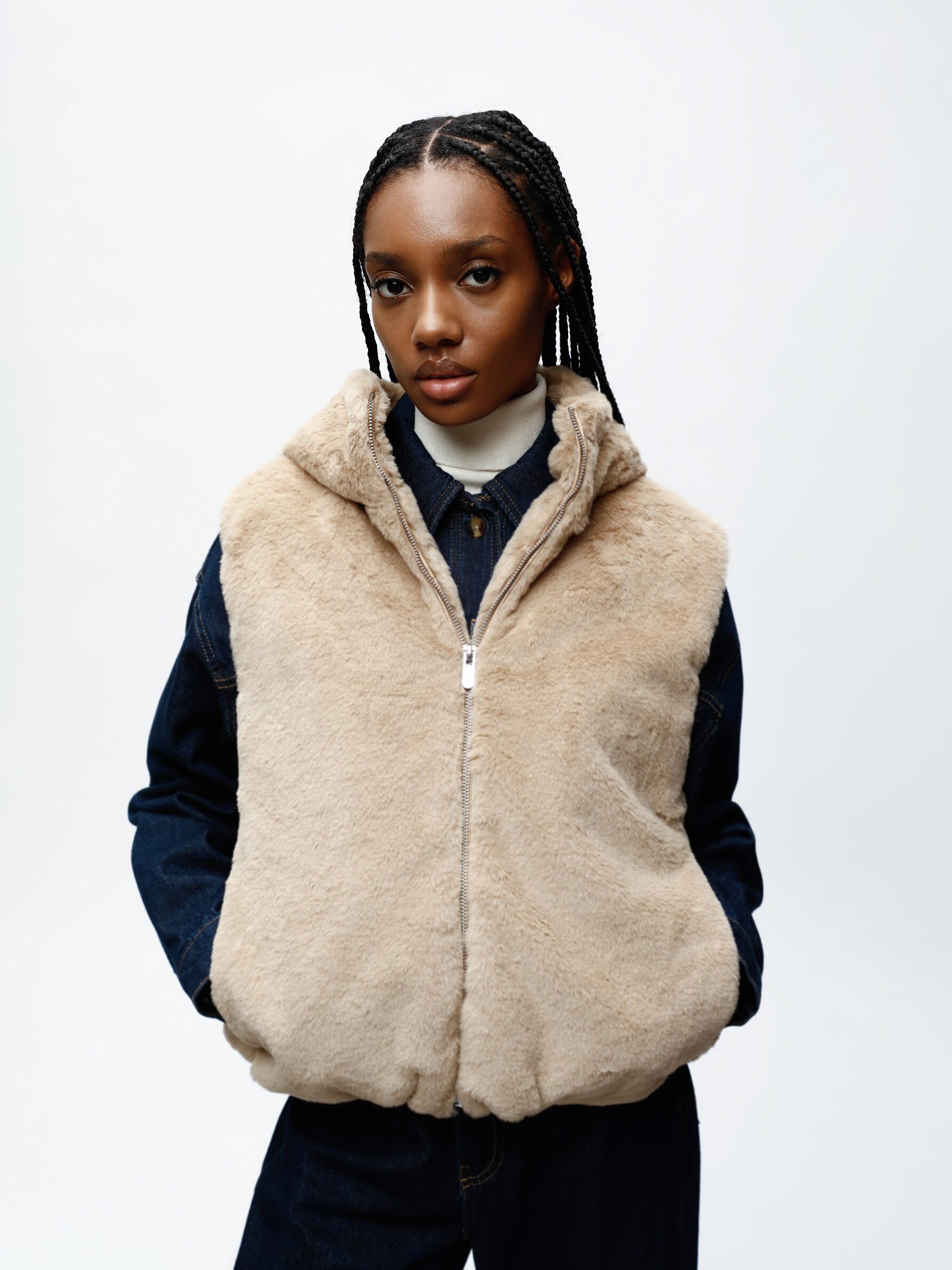 Faux fur gilet with hood online