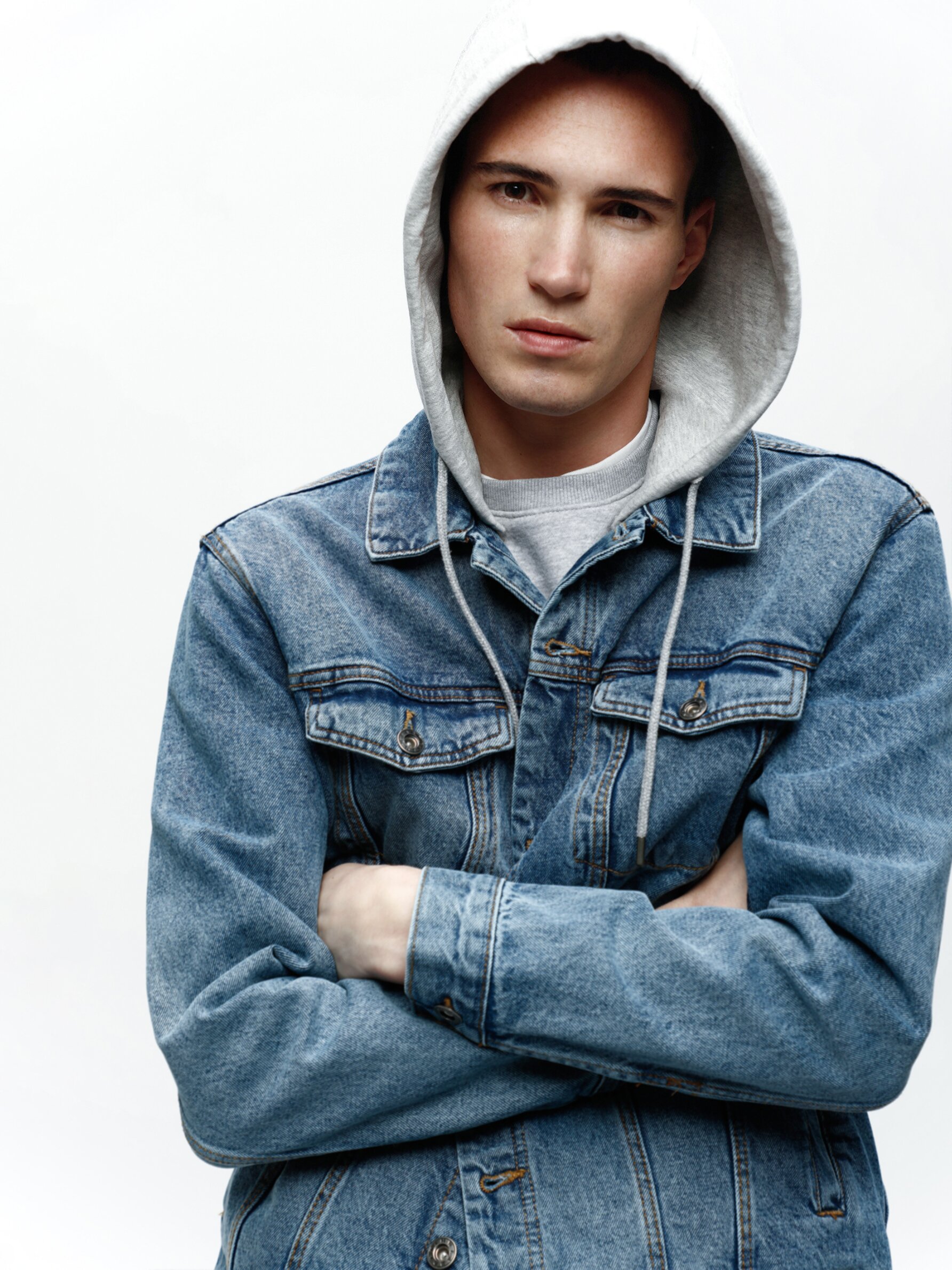 Blue denim jacket 2024 with grey hood