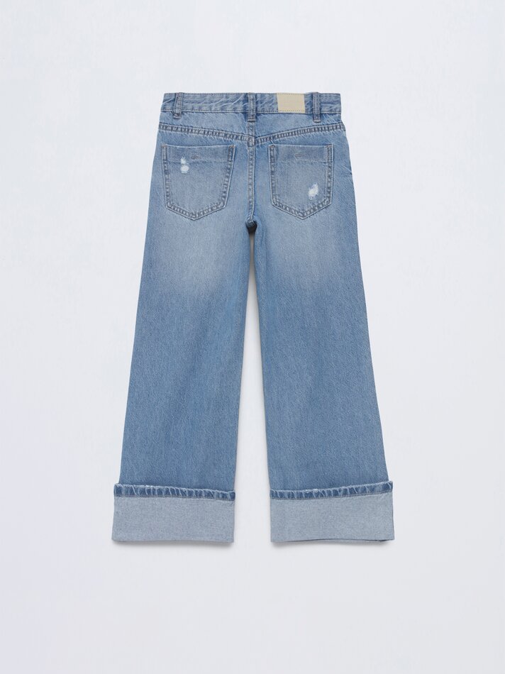 Floerns Girl's Floral Pattern Kids Jeans Elastic Waist Wide Leg Denim
