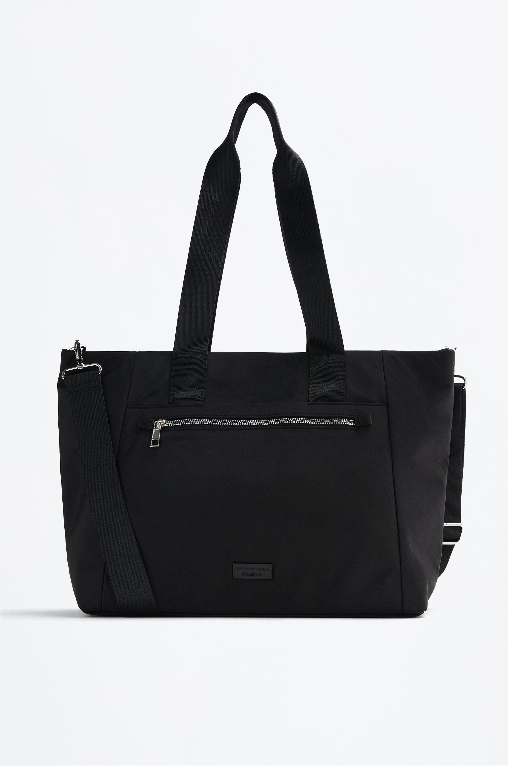 Large multi-pocket nylon shopper bag — BLACK