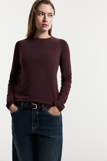 Round neck long sleeve T-shirt — MAROON 1