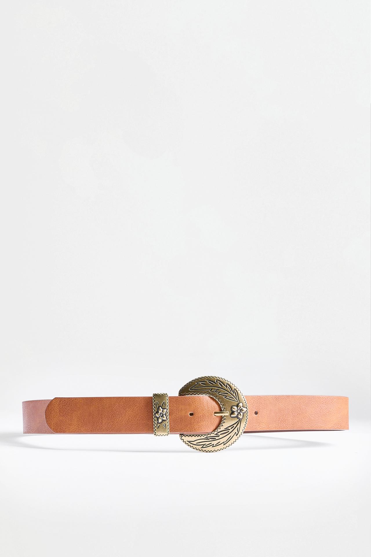 Floral engraved buckle belt — BROWN