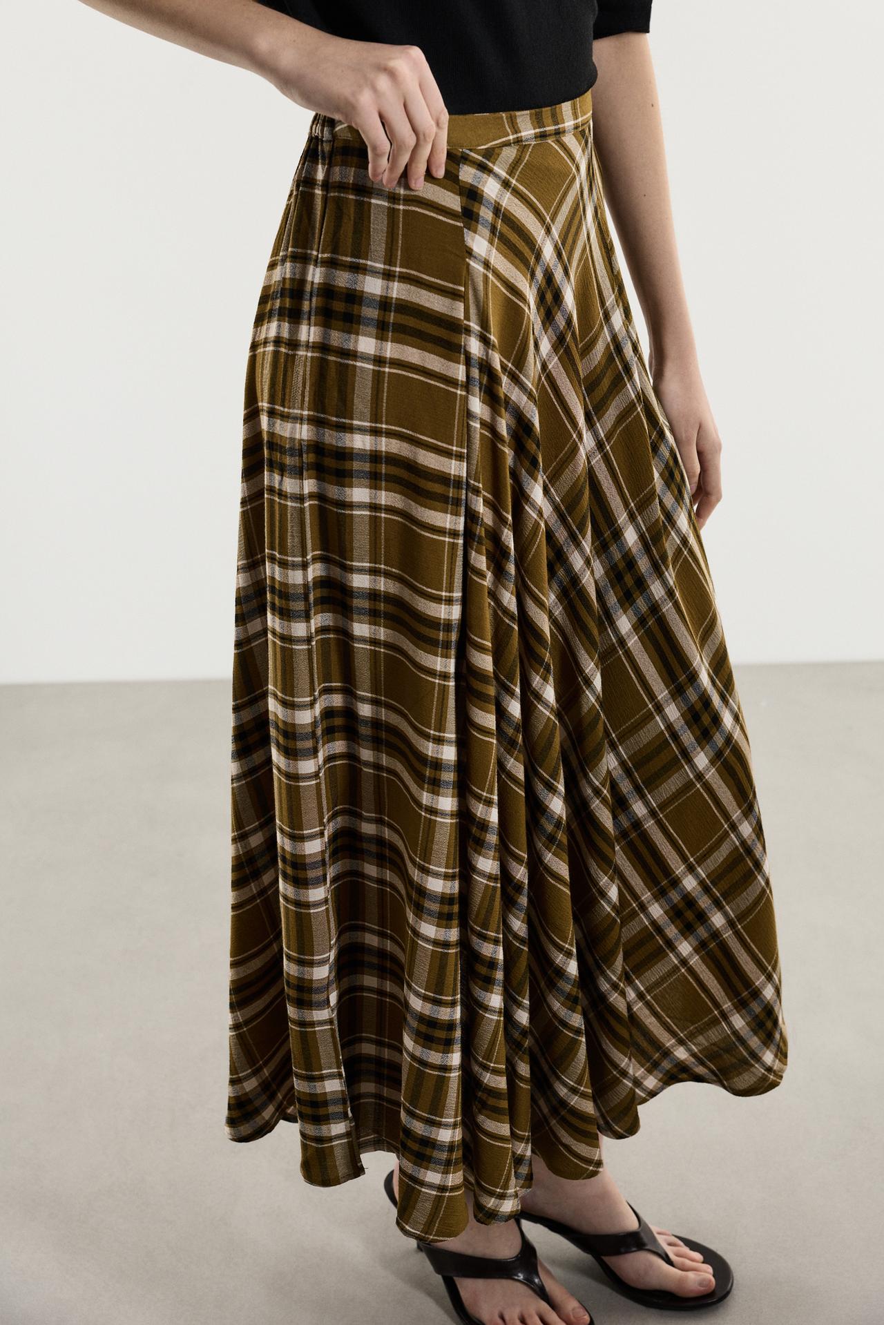 Plaid midi skirt — ECRU/KHAKI