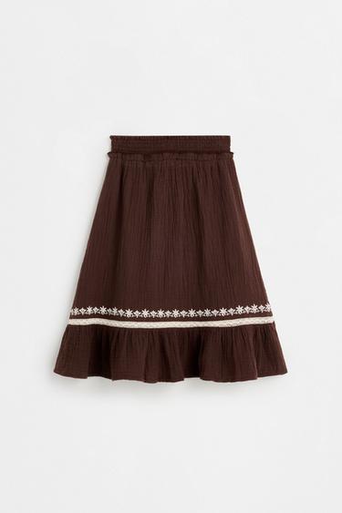 Textured embroidered skirt — DARK BROWN 1