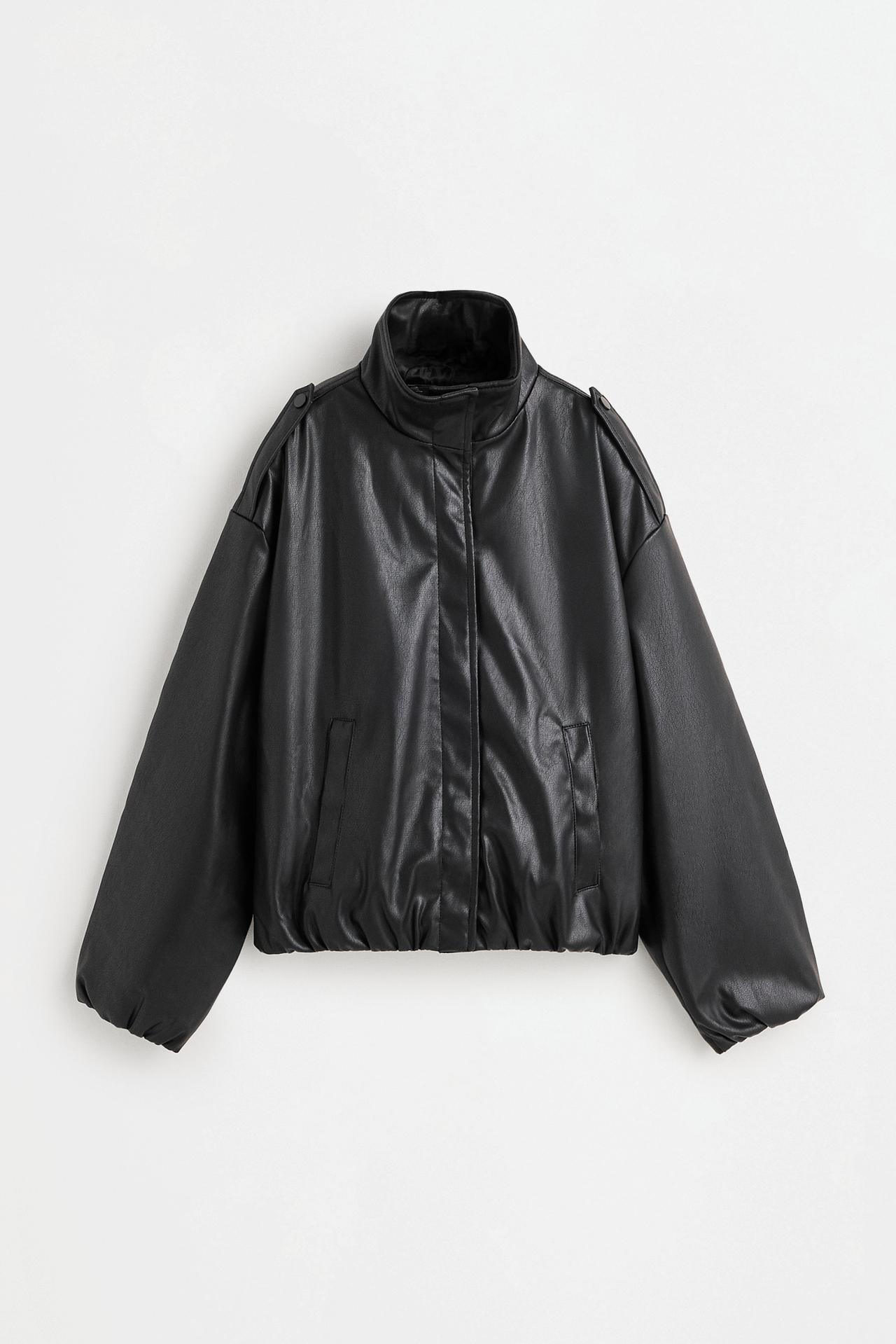 Cropped leather effect bomber jacket — BLACK