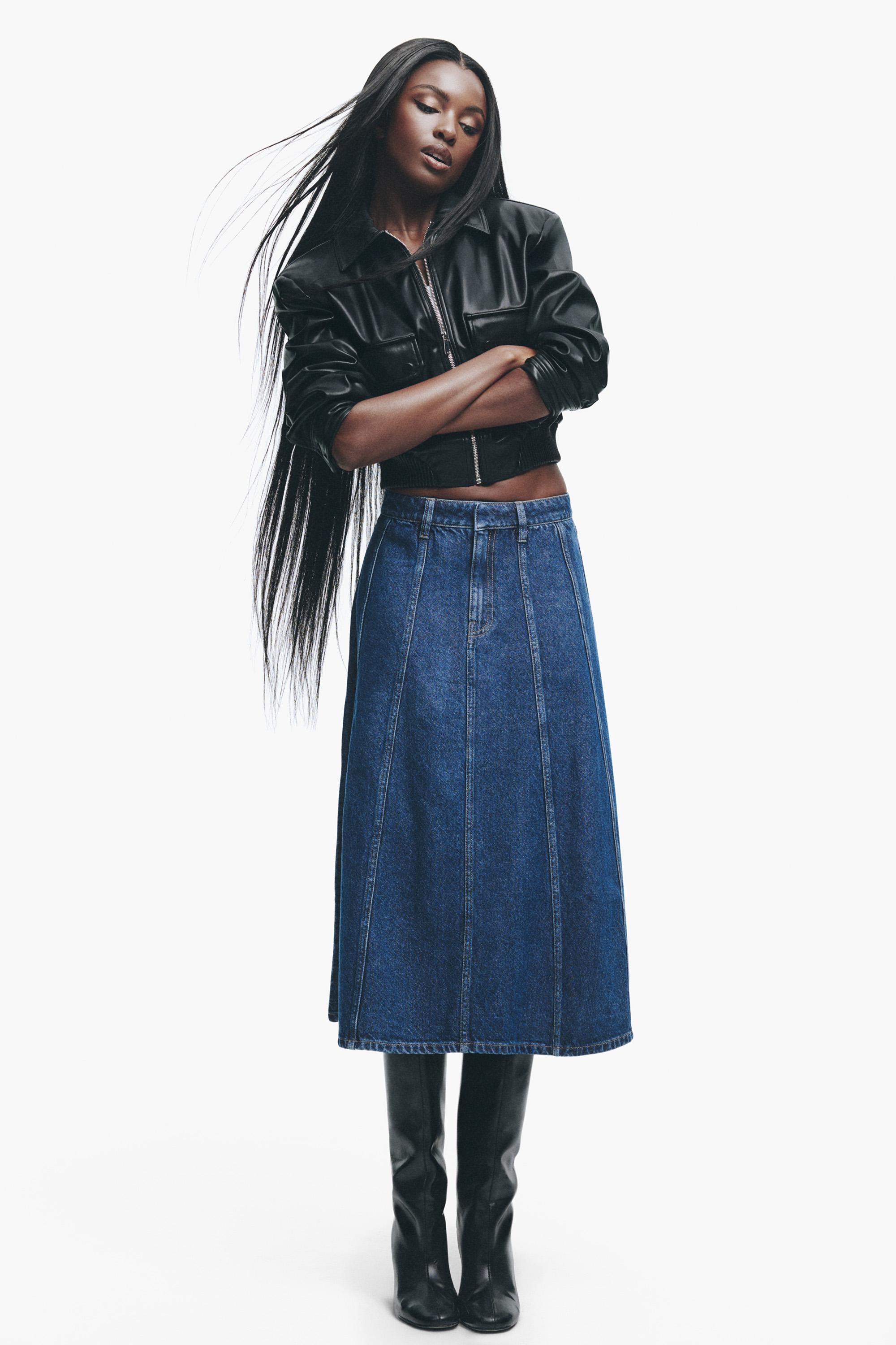 Godet denim midi skirt — BLUE MARL