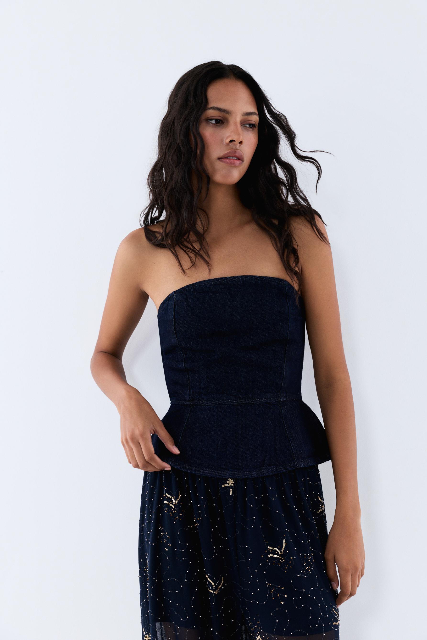 Denim peplum bandeau top — BLUE