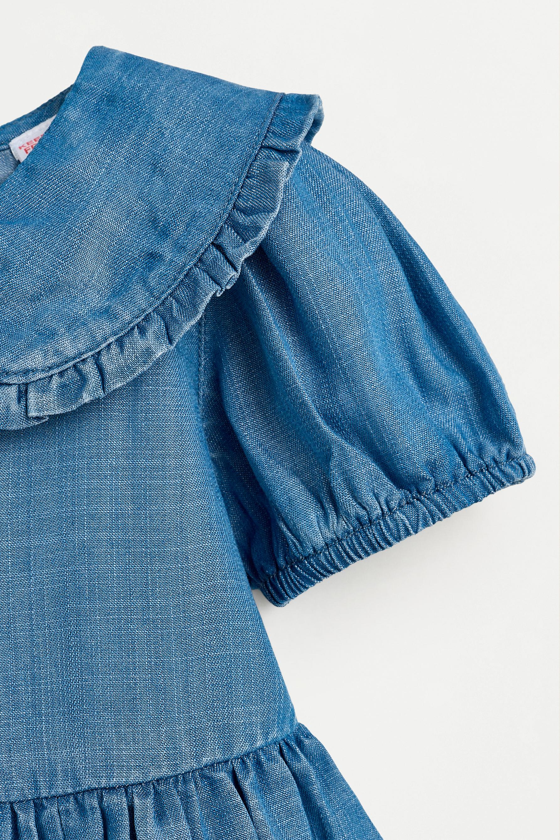 Denim dress with ruffled collar — INDIGO