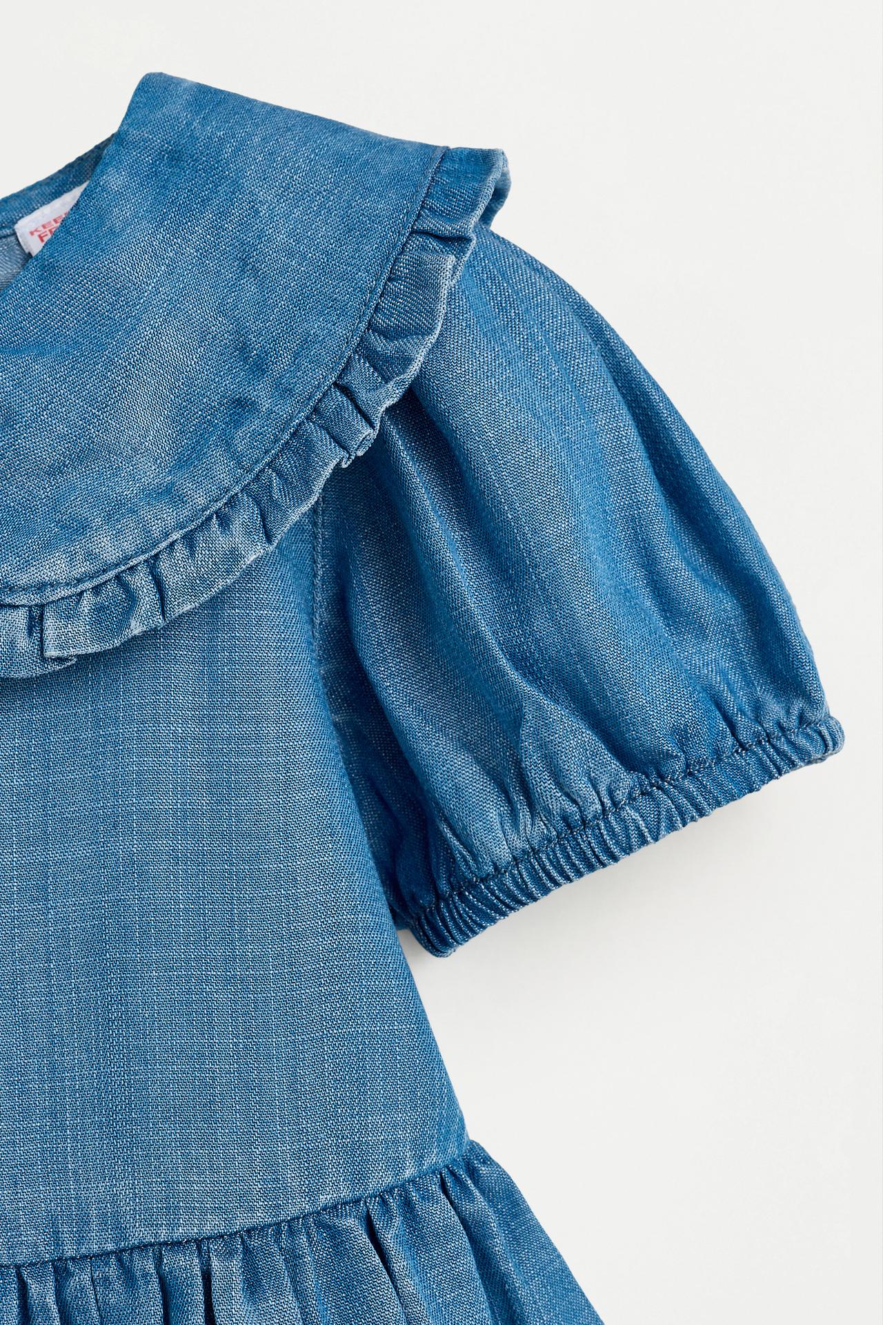 Denim dress with ruffled collar — INDIGO