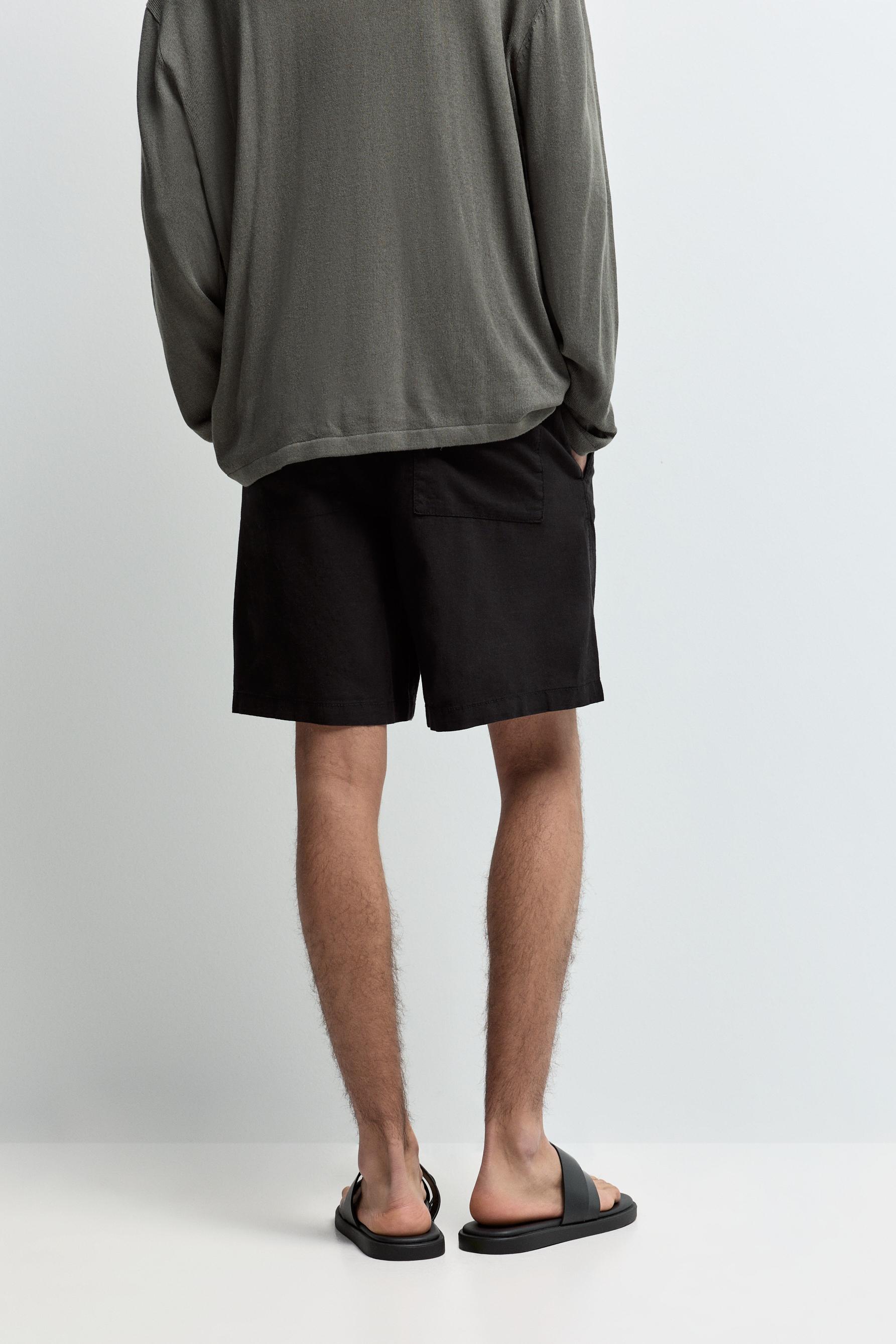 Linen-cotton jogger Bermuda shorts — BLACK