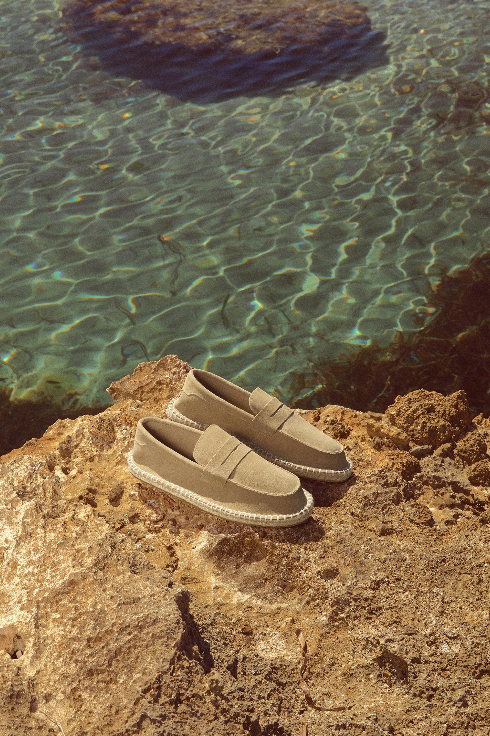 Leather moccasin with jute-effect sole — BEIGE