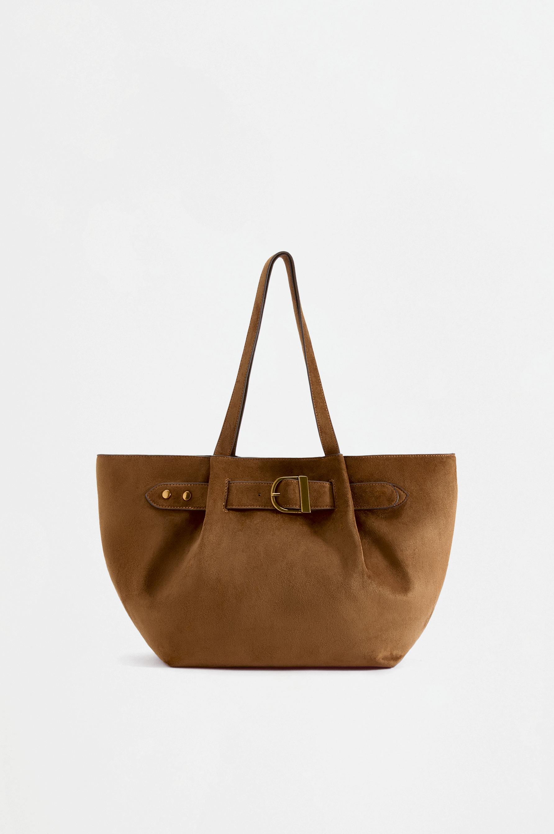 Faux suede buckle shopper bag — CAMEL