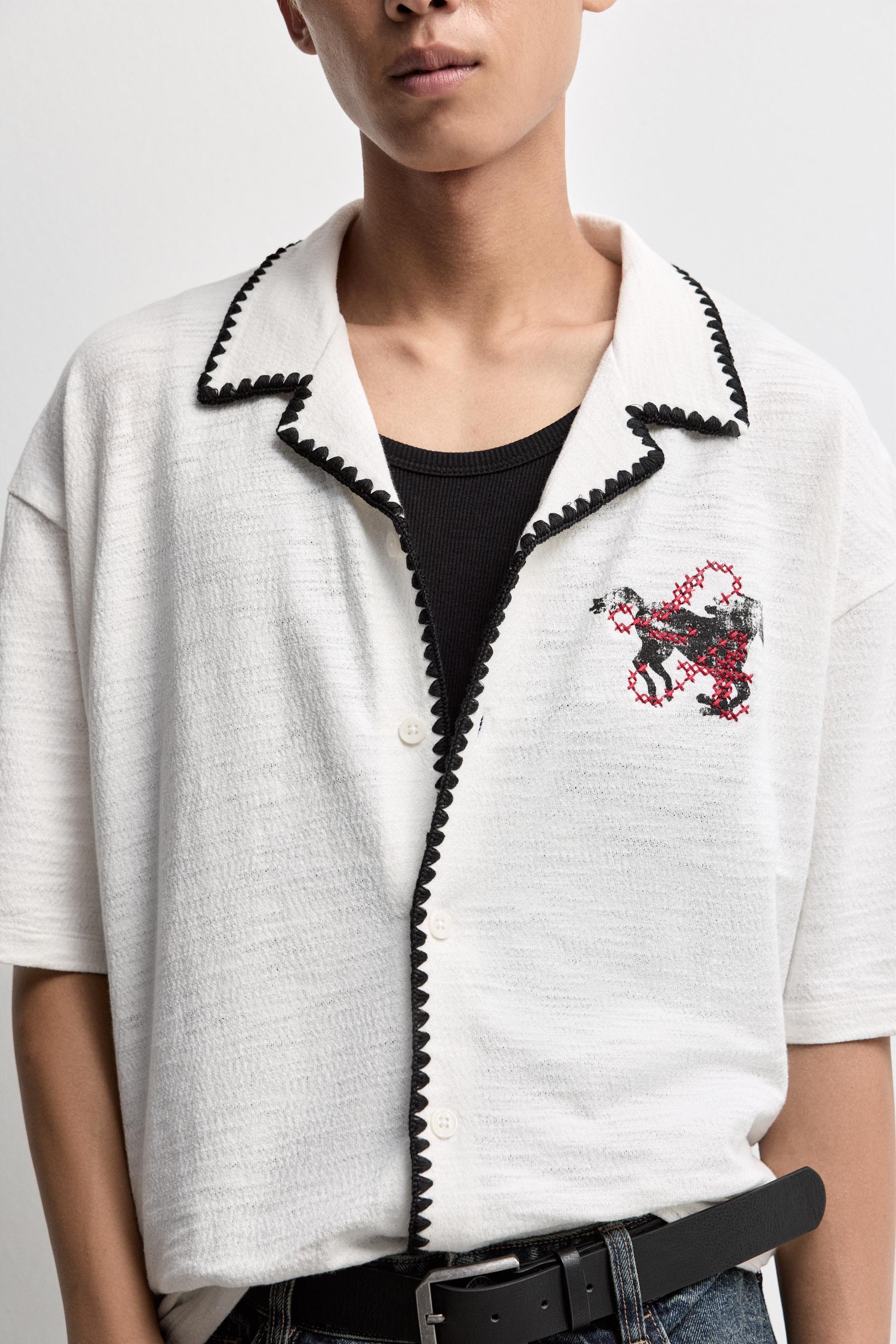 Textured shirt with embroidery — OFF WHITE