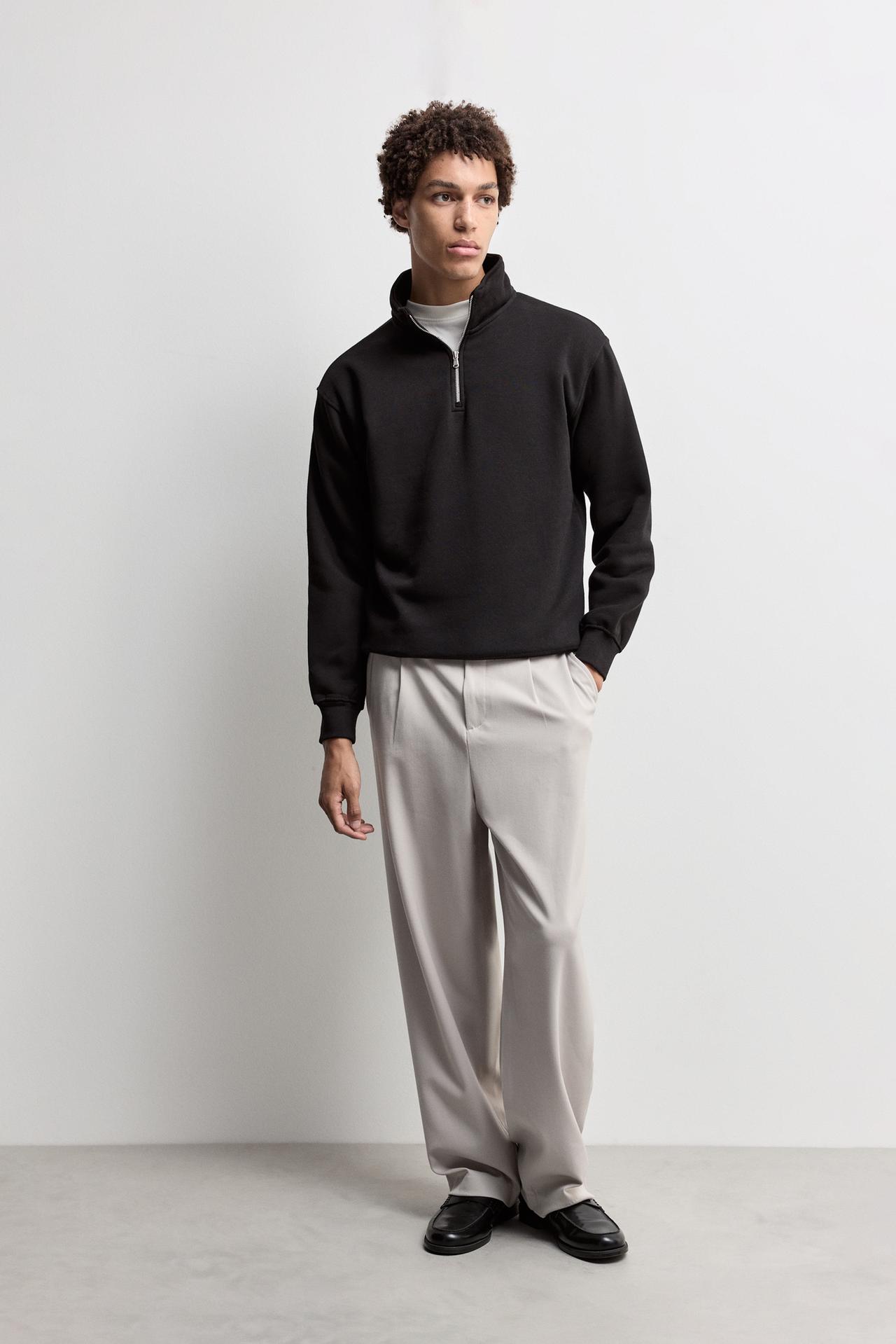 High-neck zip-up sweatshirt — BLACK
