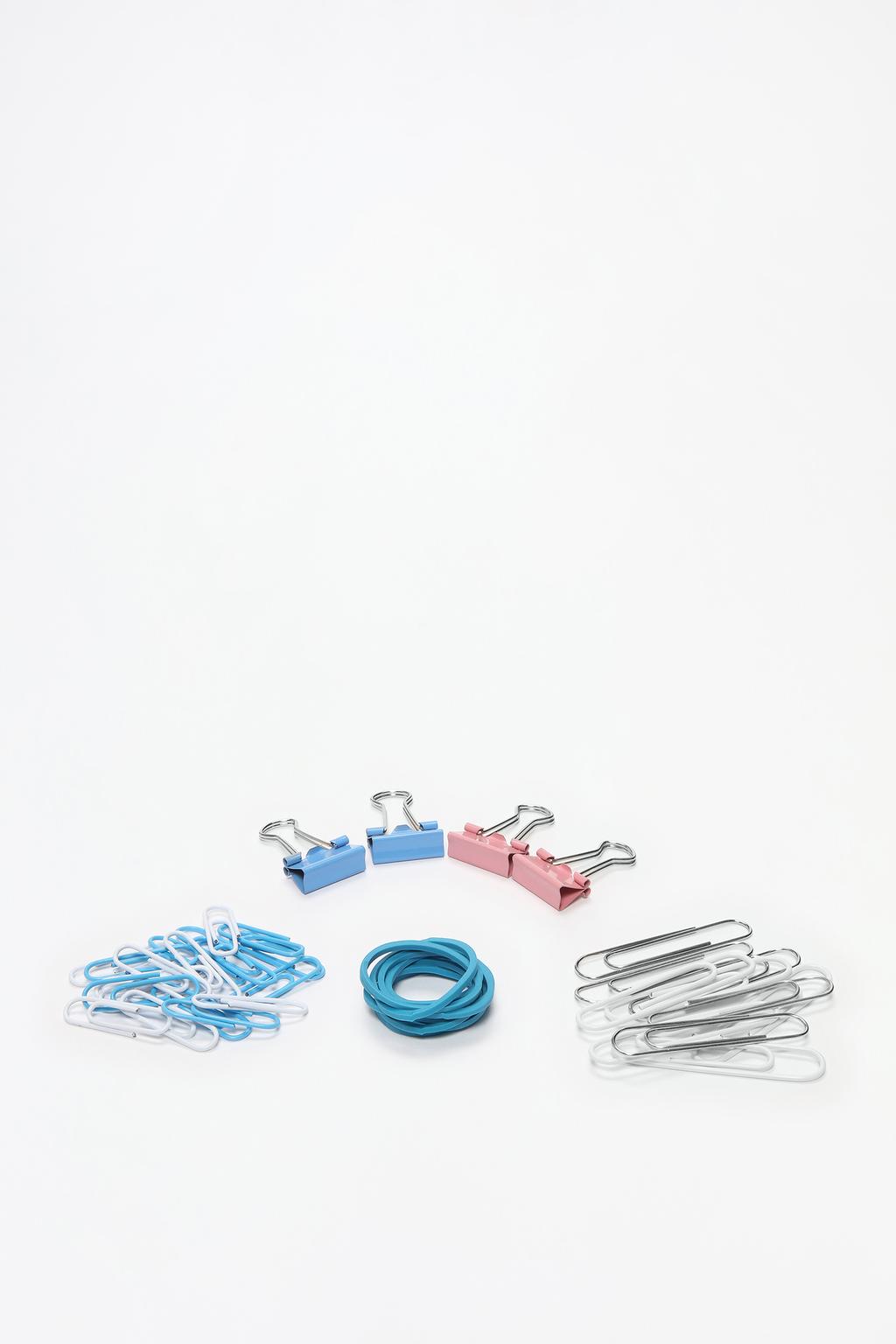 Set of clips, foldback clips and elastic bands