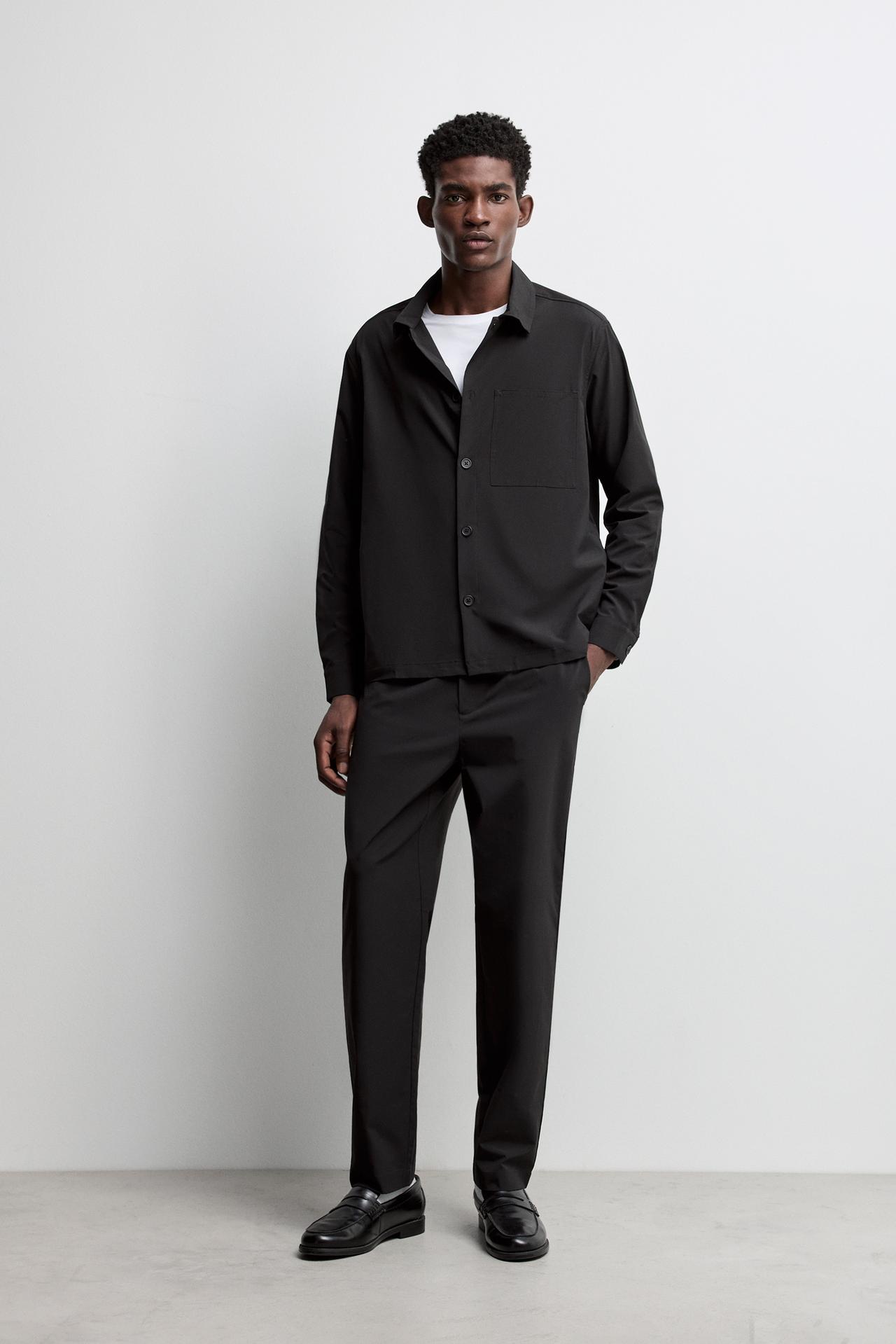 Button-Front Overshirt with Pocket — BLACK
