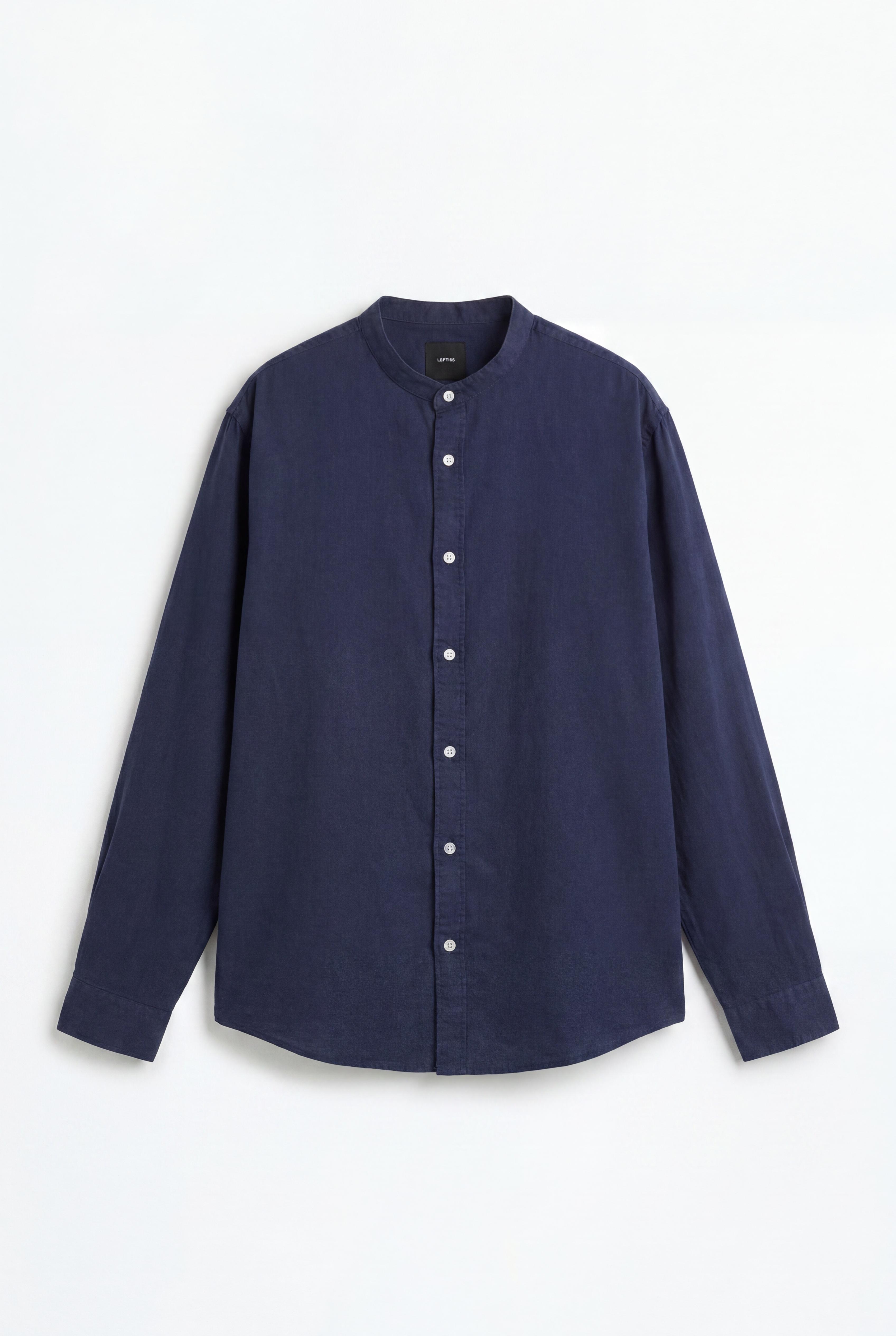 Linen and cotton stand collar shirt — NAVY