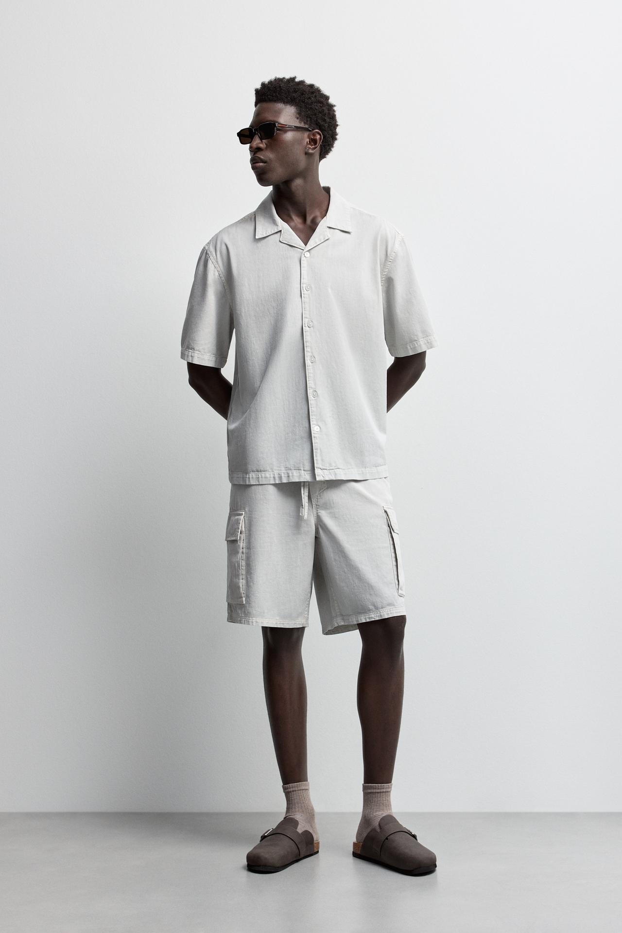 Cargo denim jogger Bermuda shorts — PALE GREY