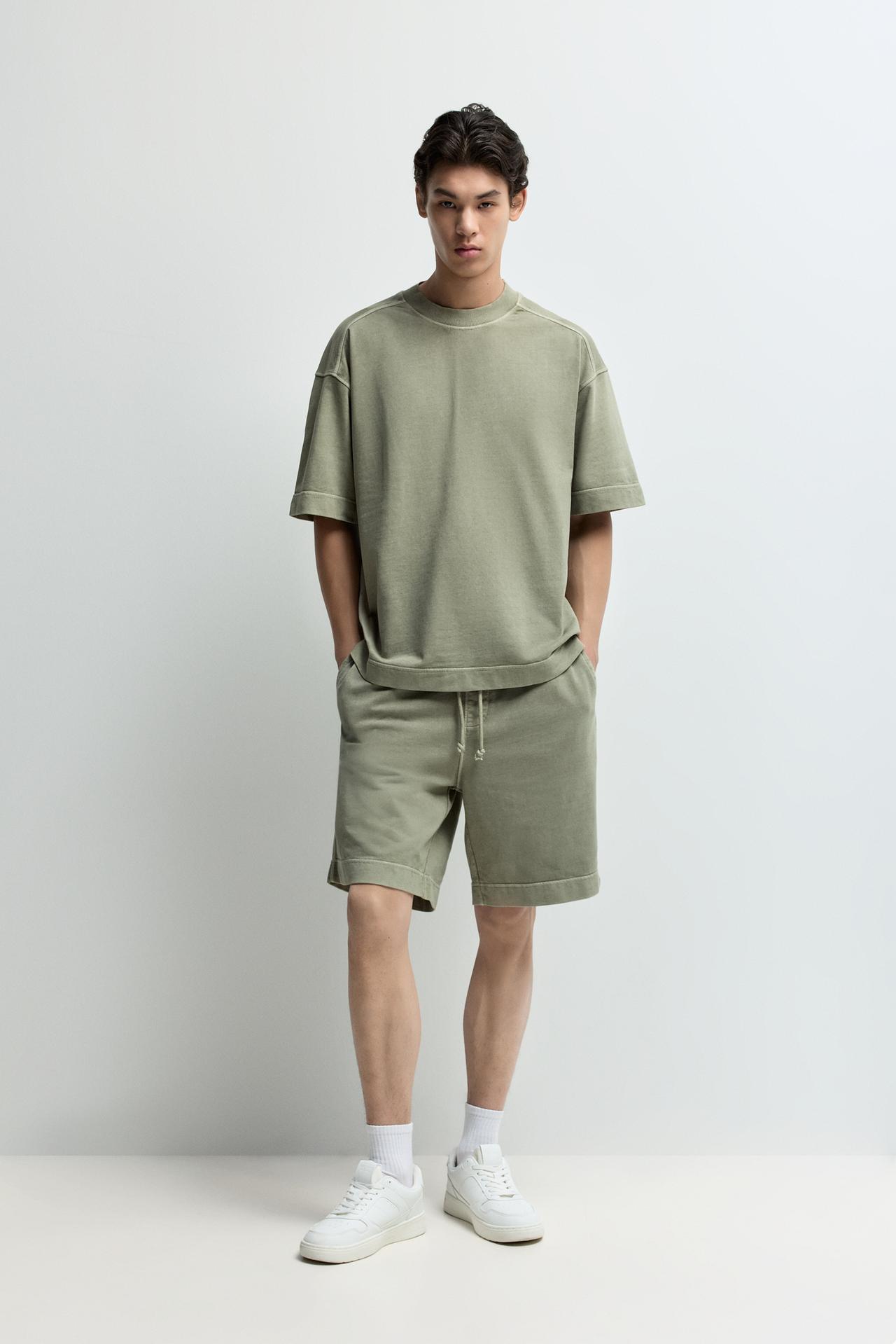 Faded-effect tracksuit Bermuda shorts — PALE KHAKI