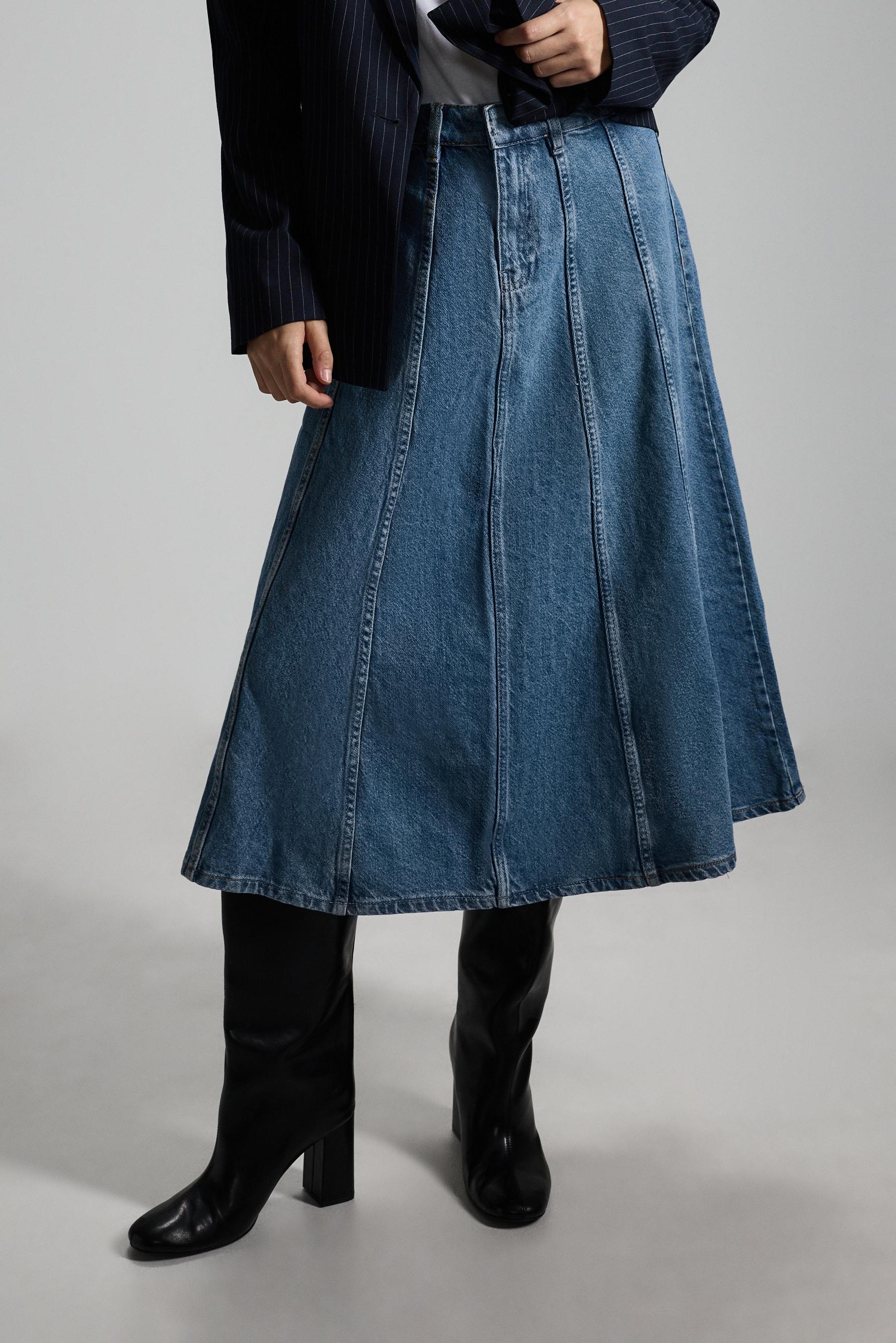Godet denim midi skirt — FADED BLUE