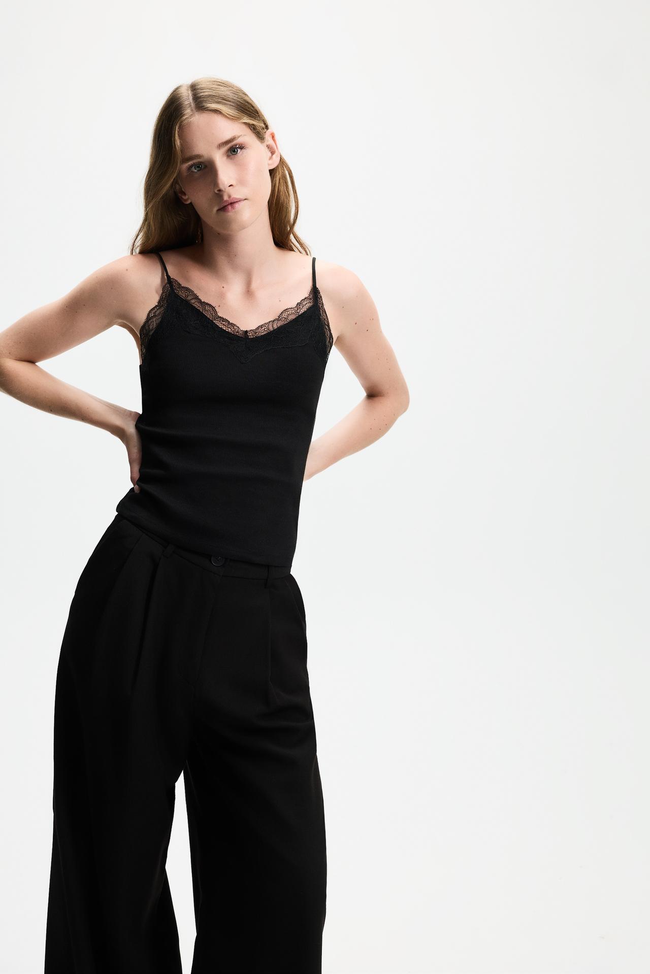 Ribbed lace camisole — BLACK