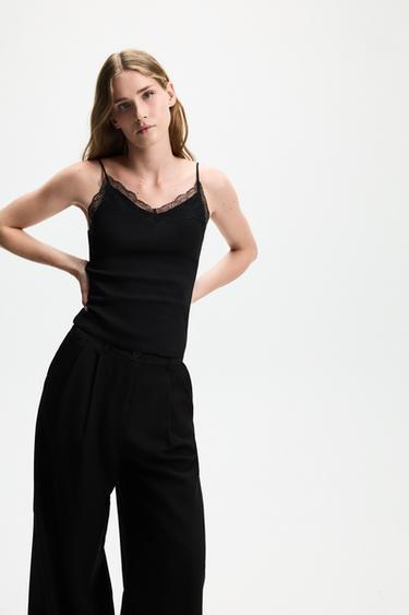 Ribbed lace camisole — BLACK 1