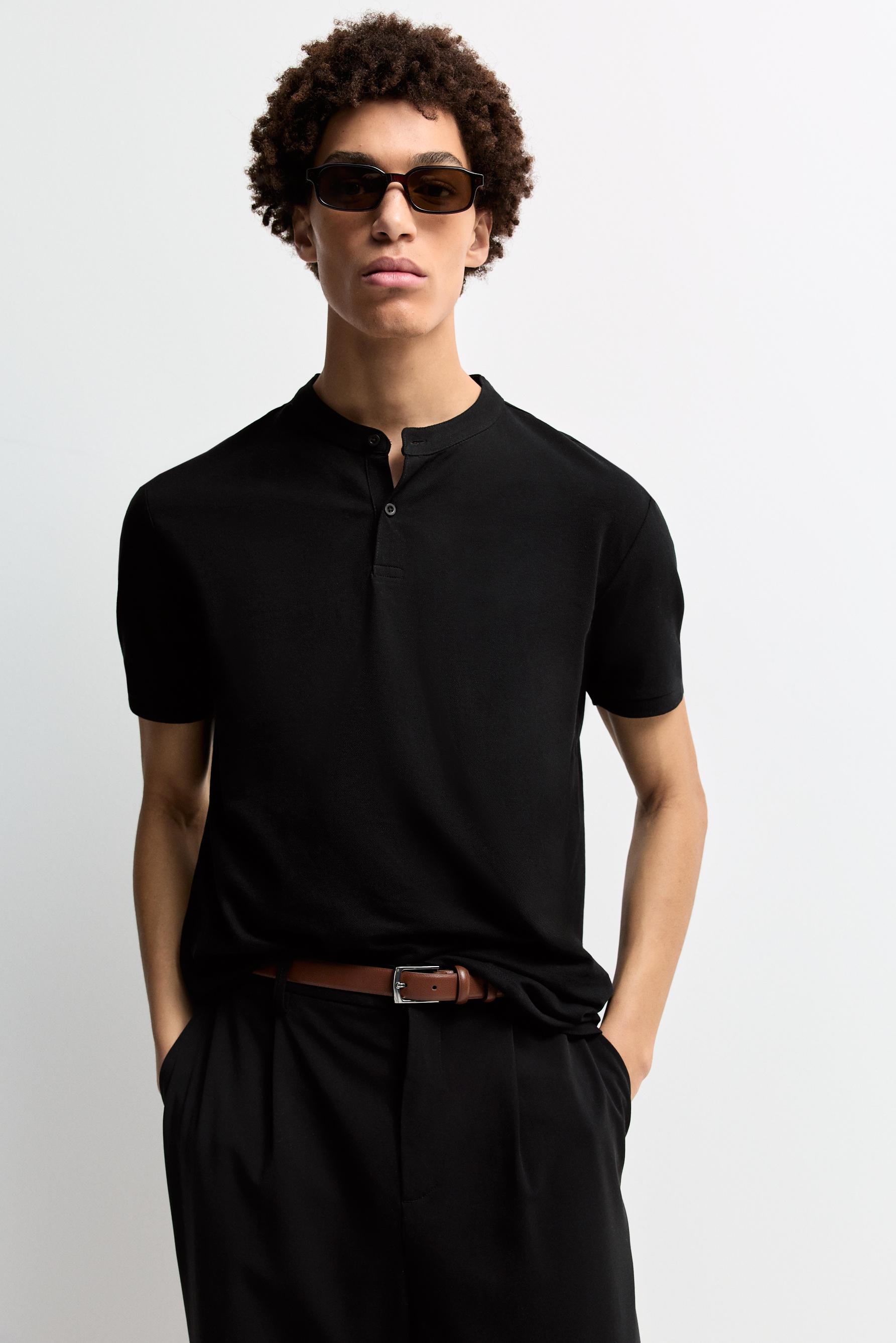Basic stand collar polo shirt — BLACK