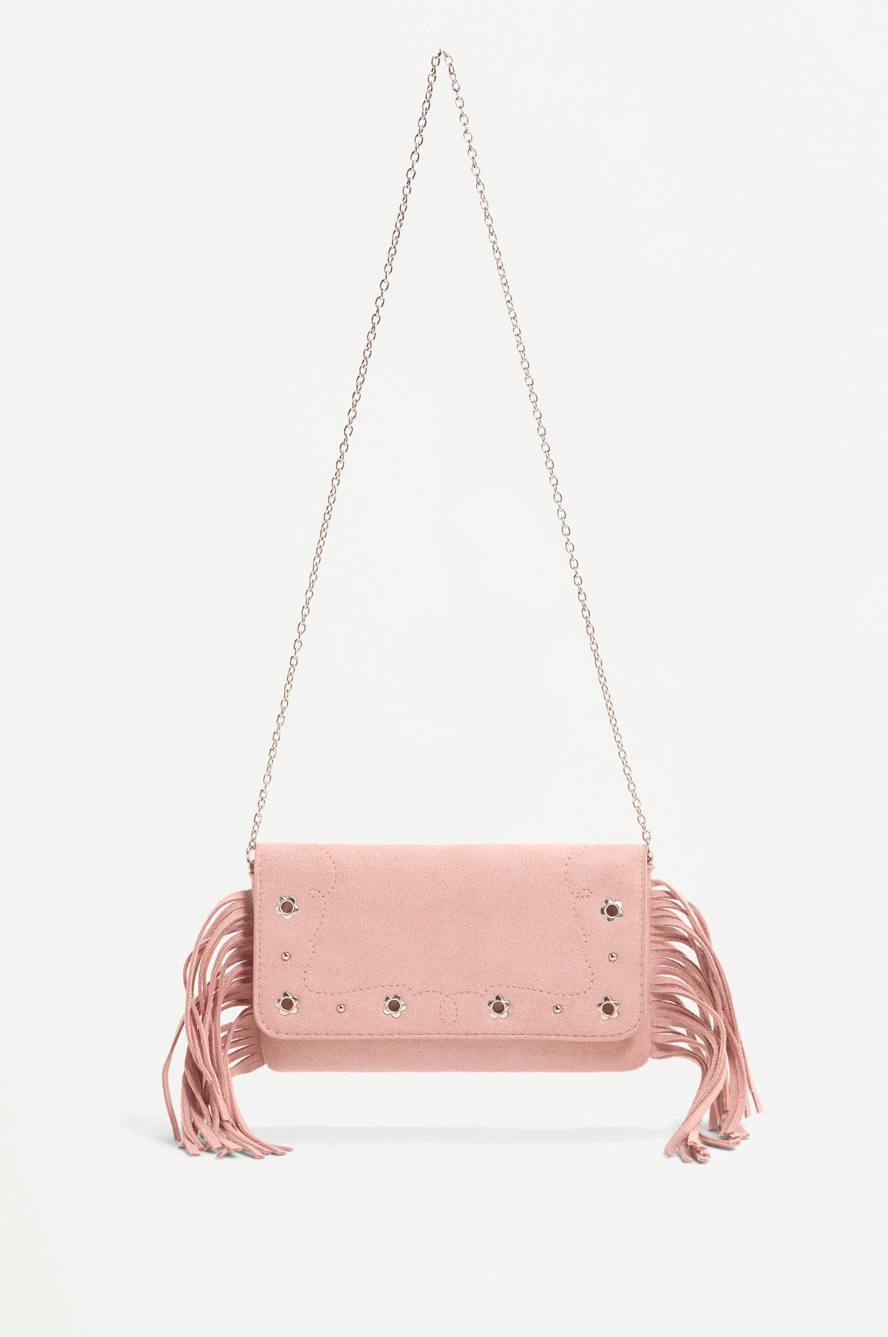 Fringed crossbody bag with flower detail — PINK