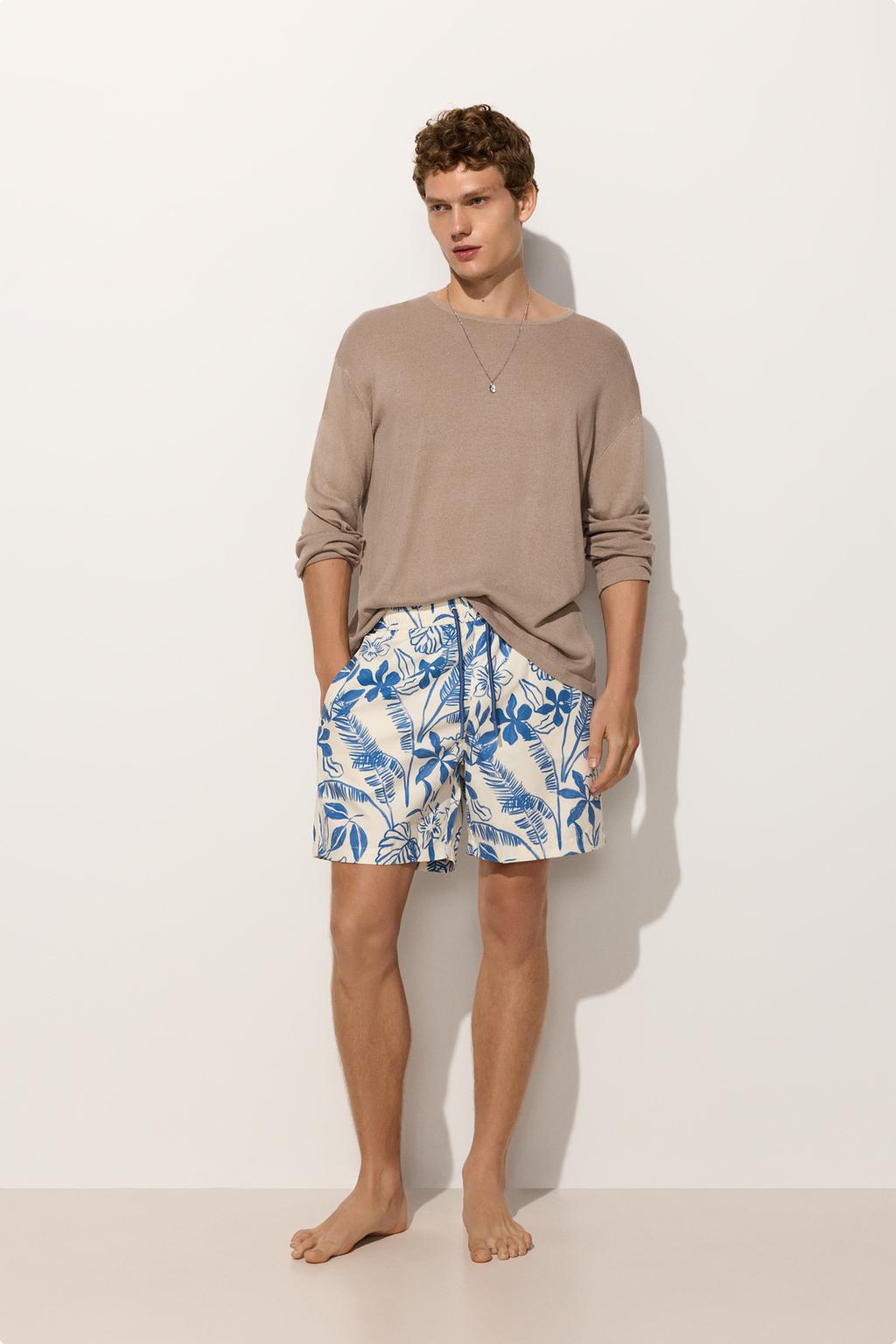 Printed long swim shorts