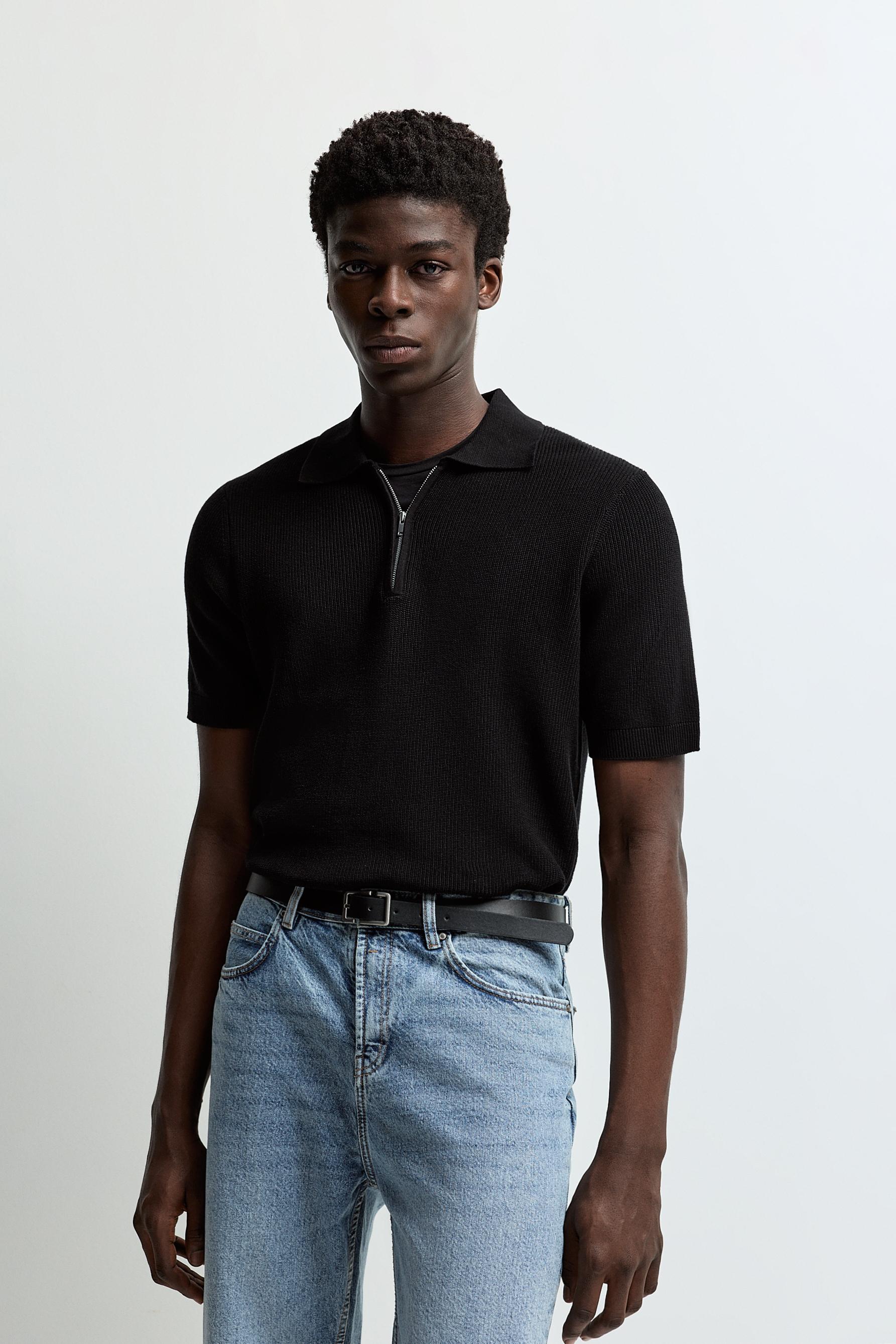 Zip-up knit polo — BLACK