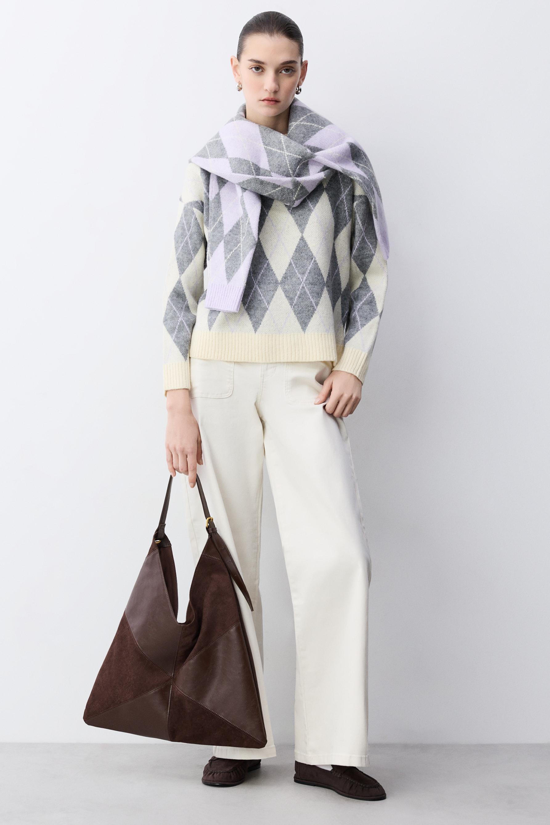 Patchwork crossbody bag with metal handle — BROWN