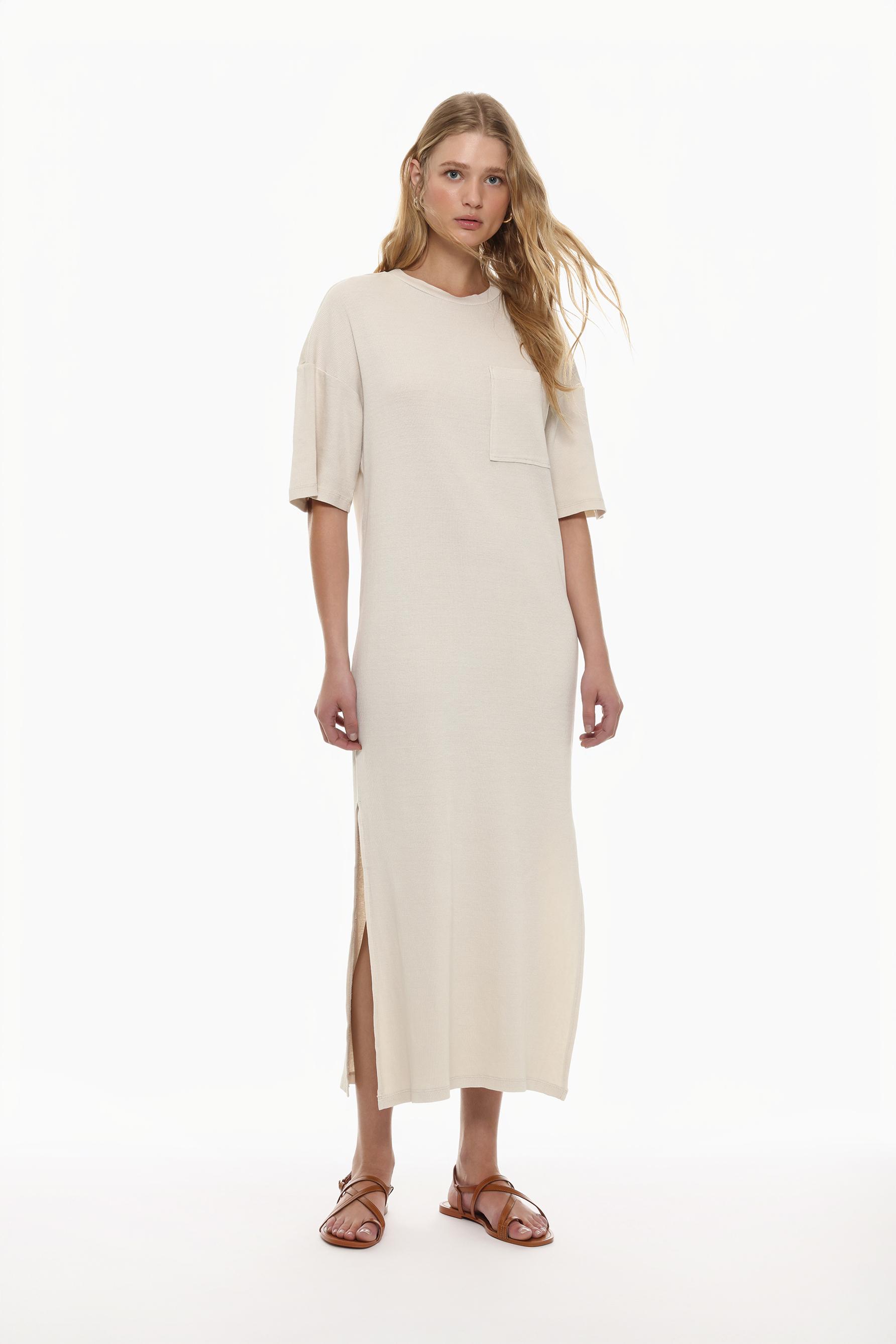 Rib-Knit Bodycon Dress with Low-Cut Back - Light beige