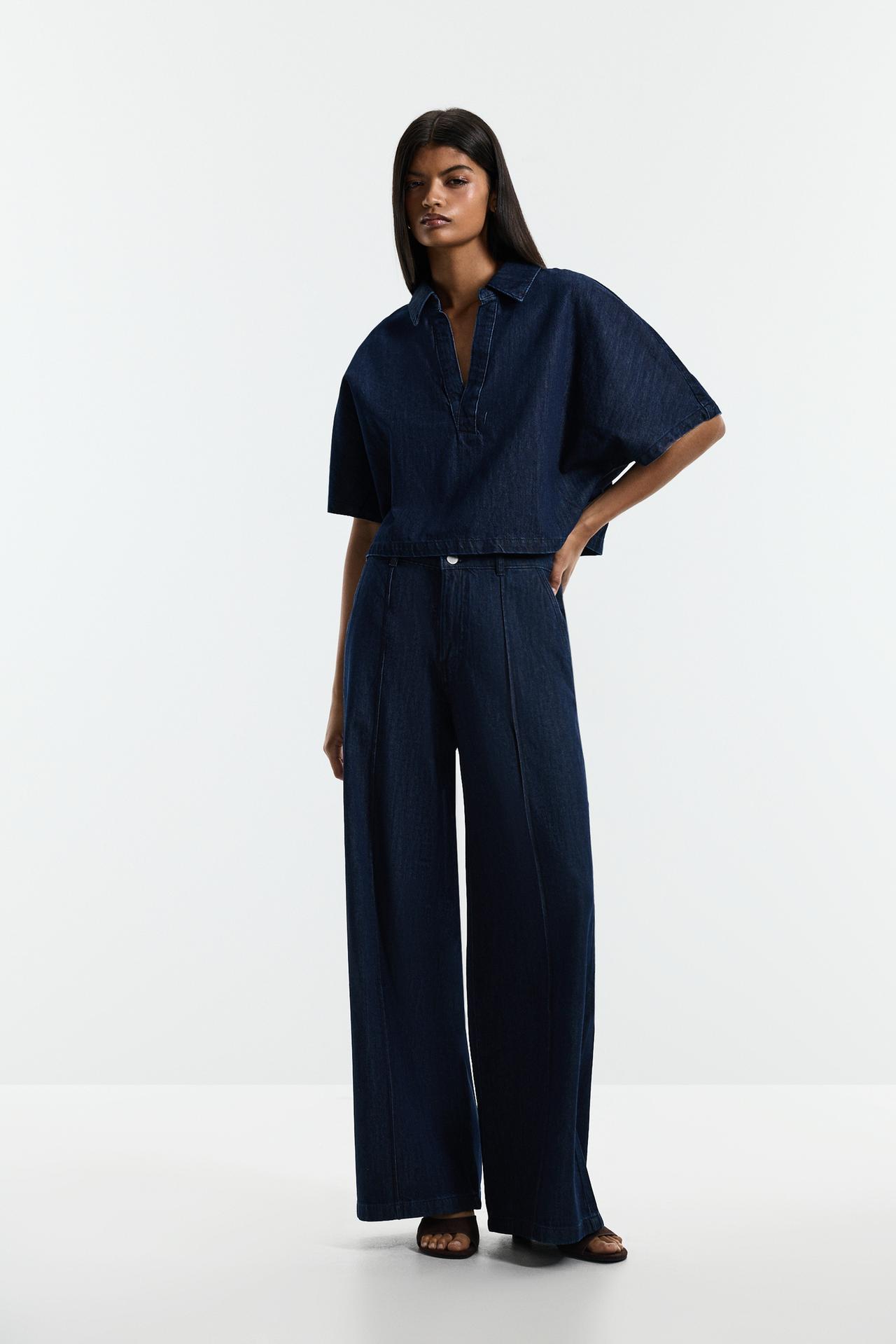 Indigo cropped denim shirt — NAVY