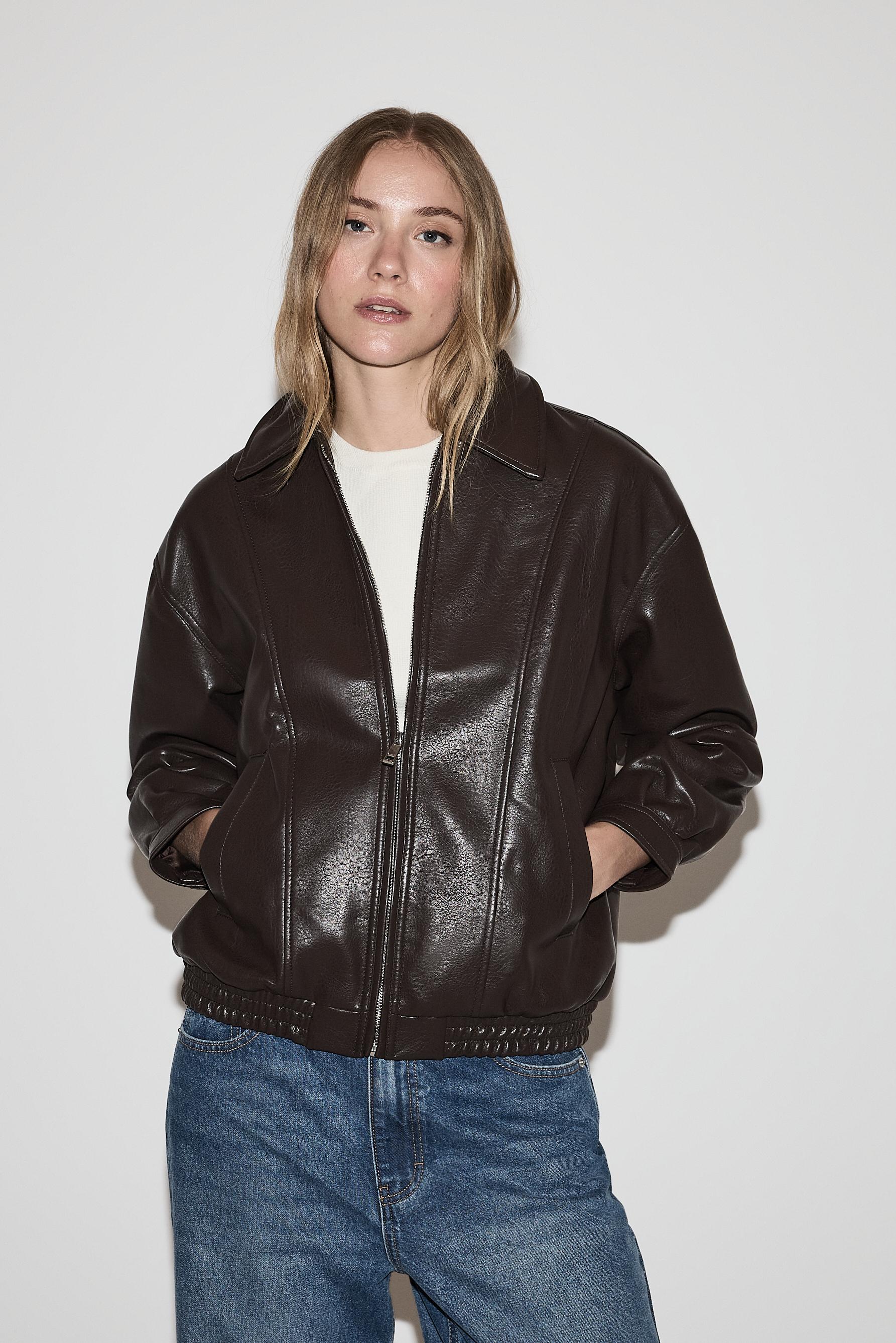 Oversize leather effect bomber jacket — CHOCOLATE