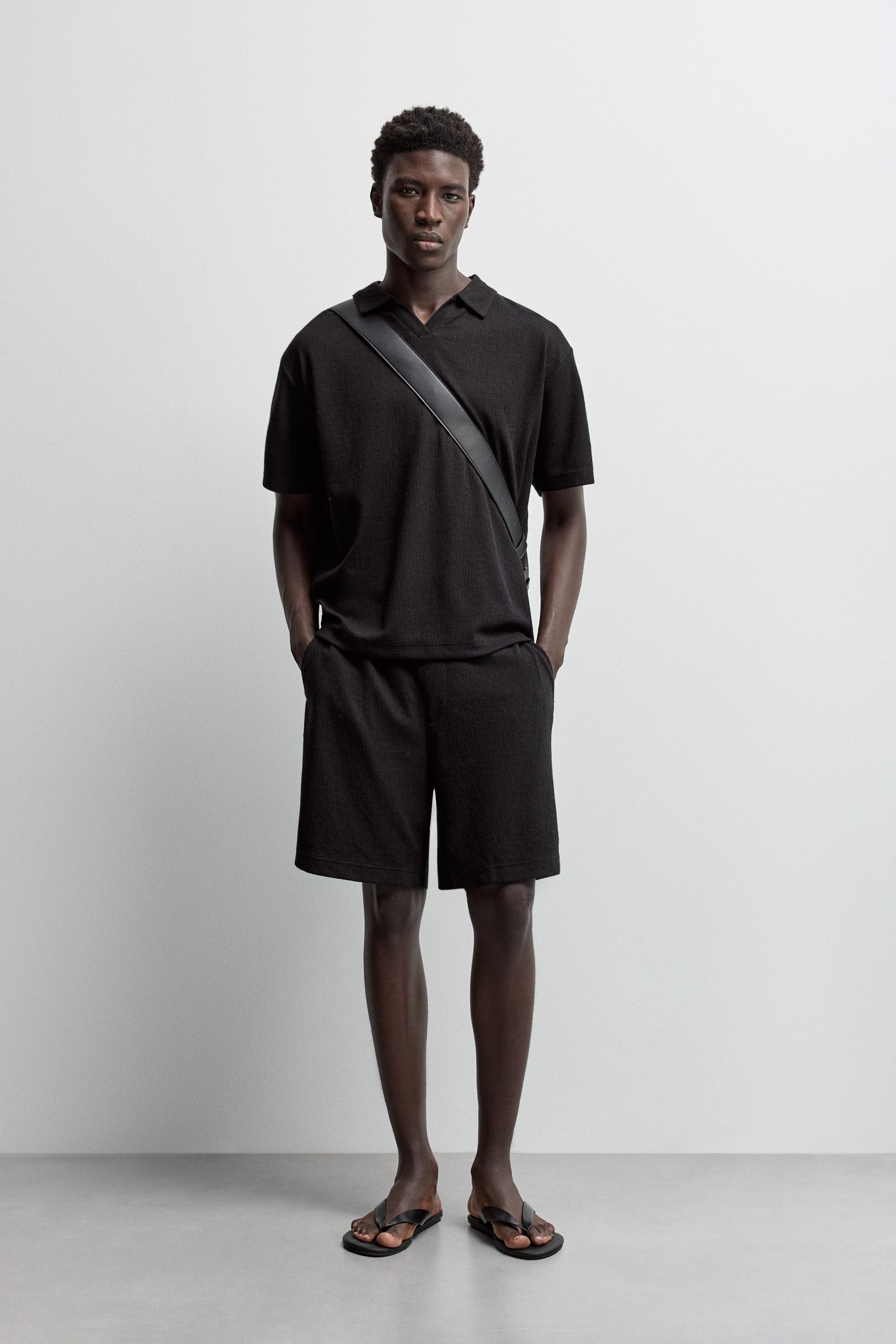 Rustic textured Bermuda shorts — BLACK