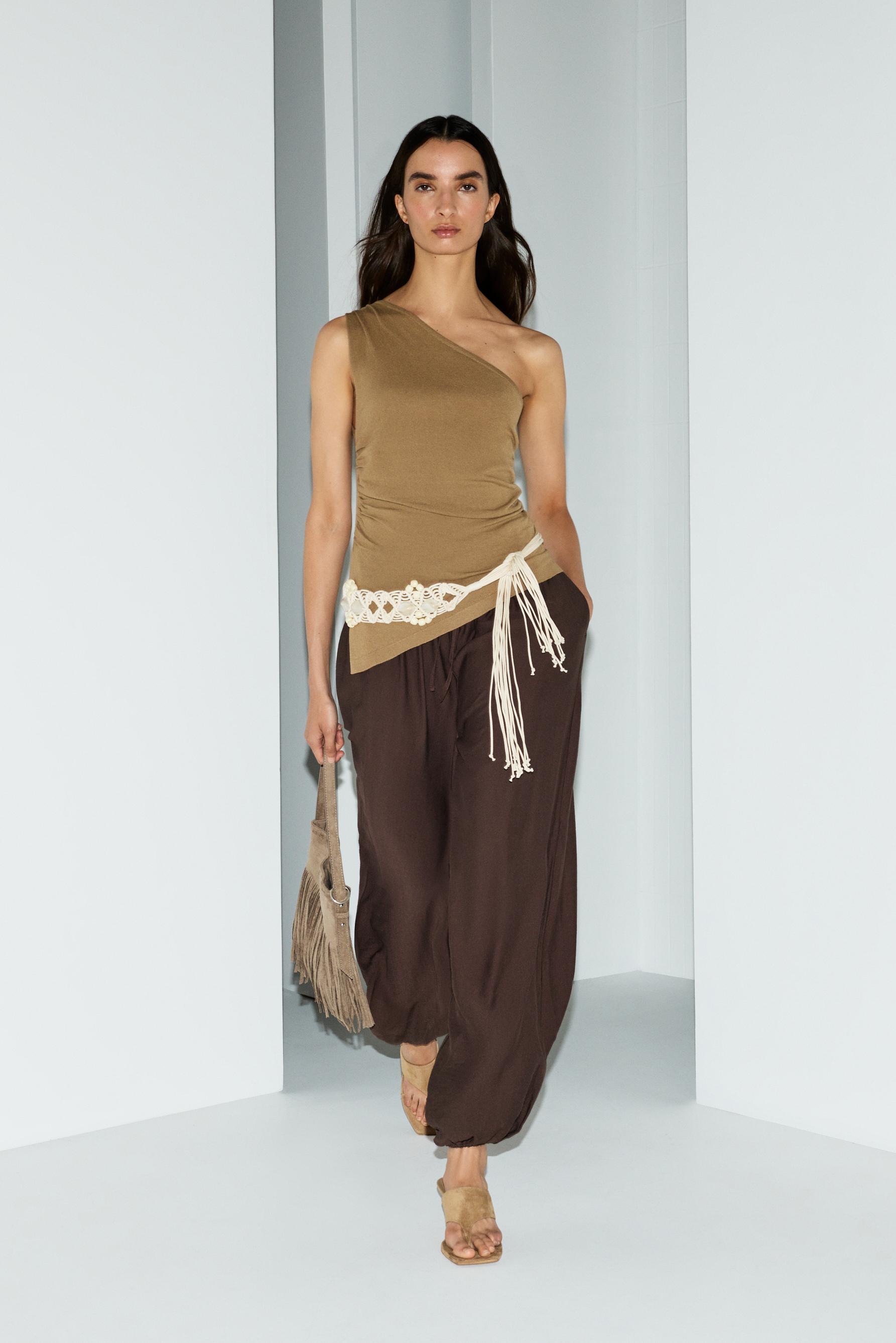 Asymmetric knit top — TOBACCO BROWN