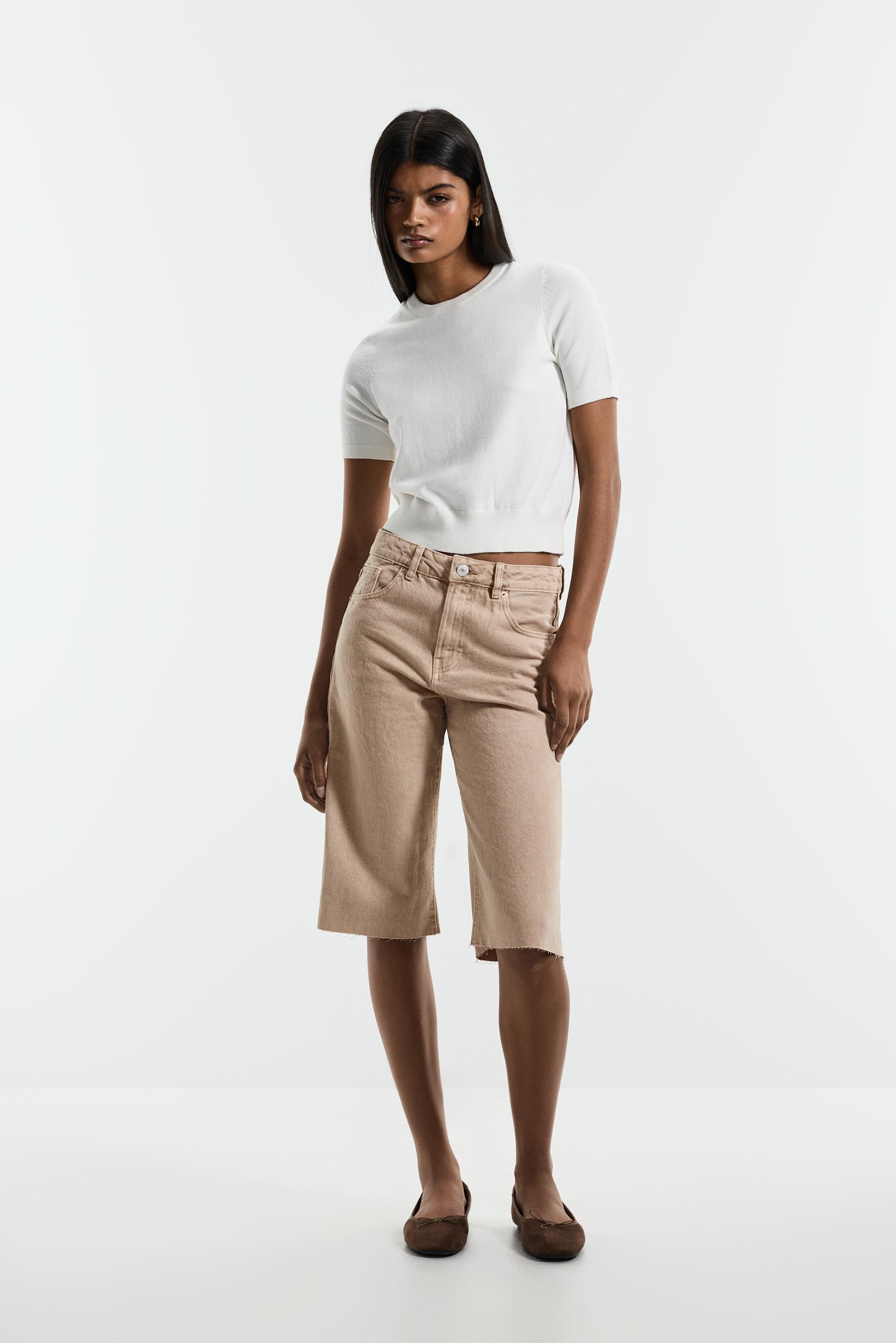 Slim fit wide-leg denim Bermuda shorts — STRAW BROWN