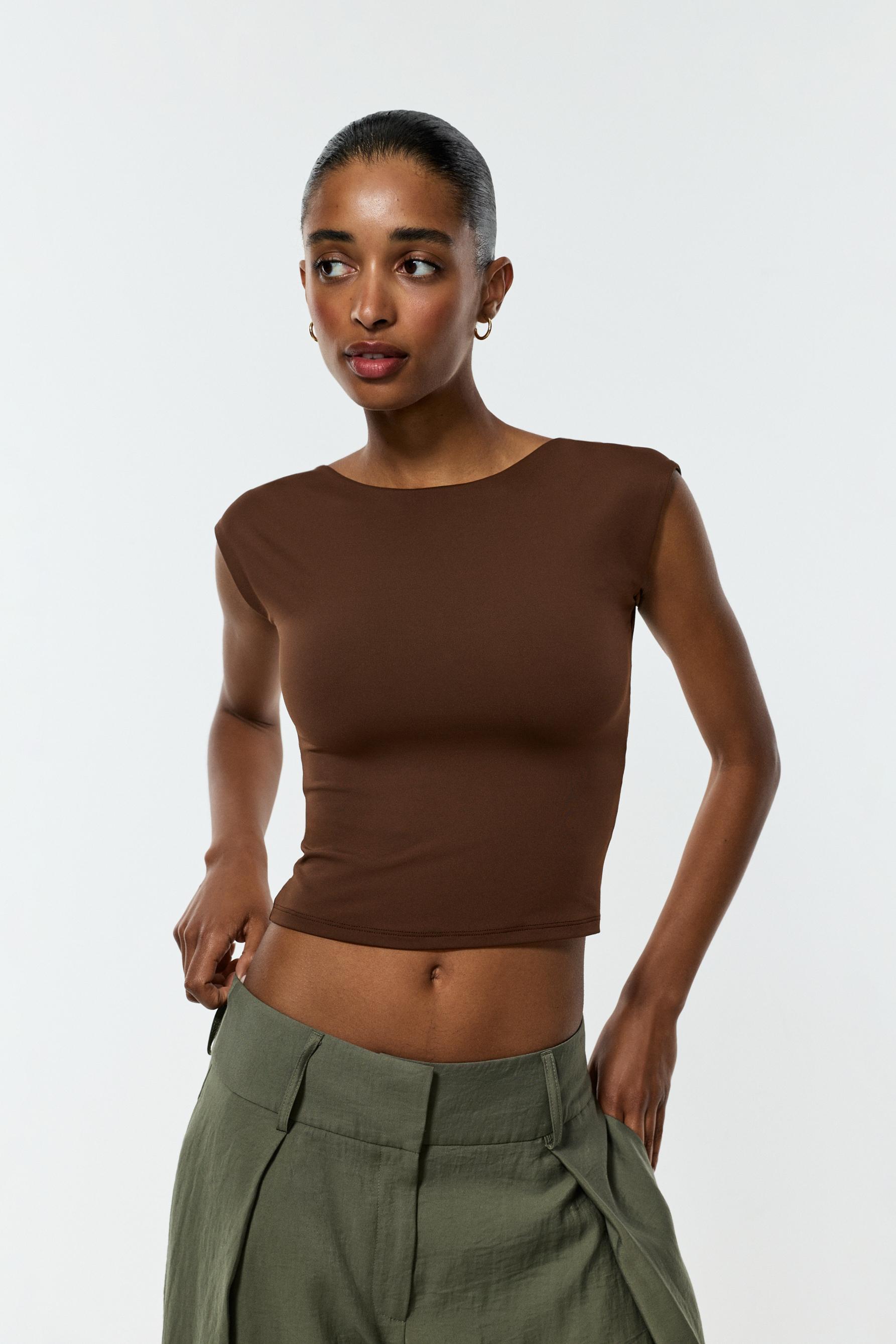 Polyamide T-shirt with open back — BROWN