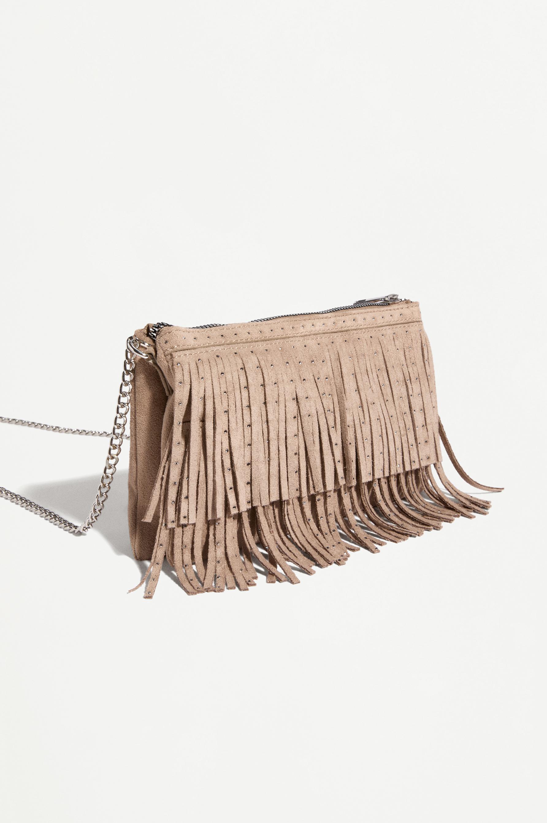 Fringed crossbody bag with rhinestones — CAMEL