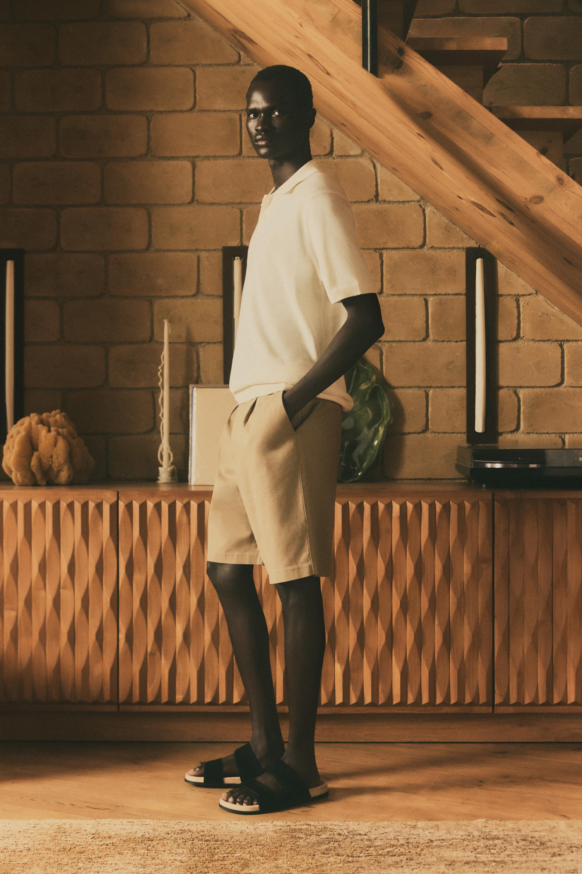 Pleated chino Bermuda shorts — SAND
